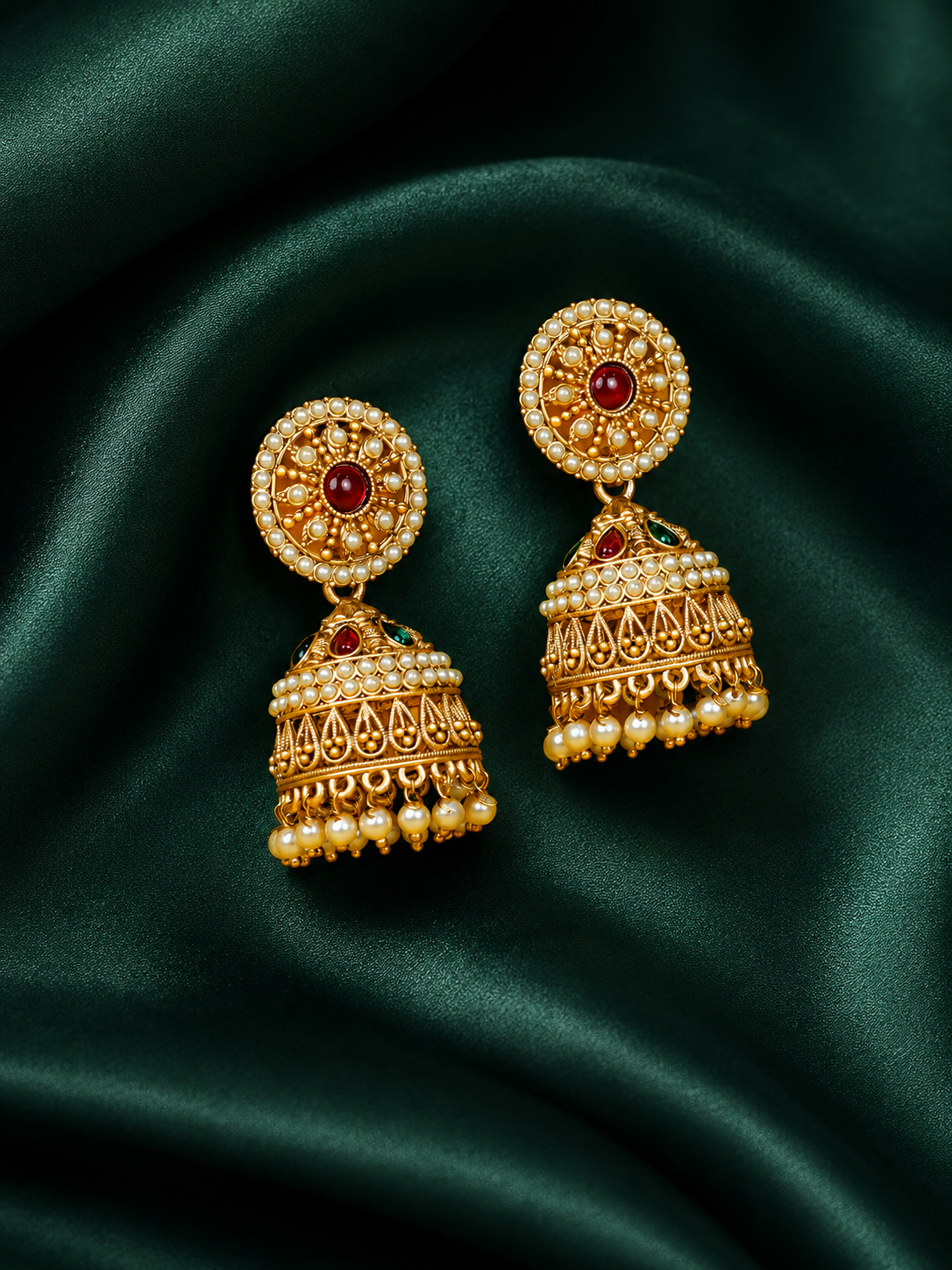 Zevar Club Brass Gold-Toned Floral Stud Jhumka Earrings with Red Green Stones & White Pearls