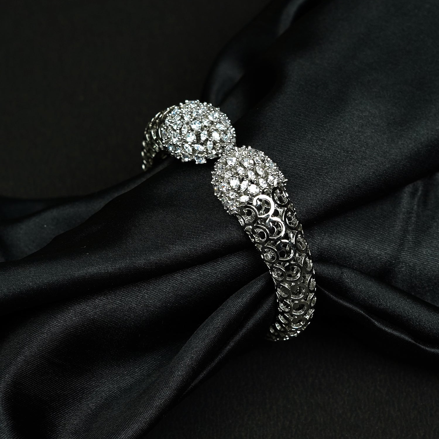 Zevar Club Rhodium-Plated AAA Cubic Zirconia Studded Handcrafted Demi-Fine Textured Crown Bracelet