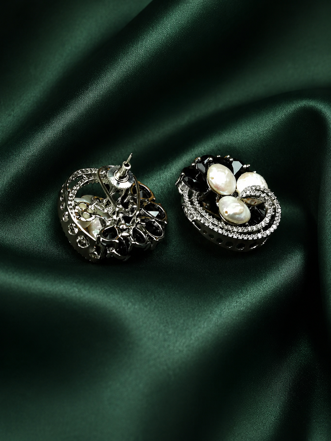 Zevar Club Rhodium-Plated Handcrafted Baroque Pearl & Black Crystal Cubic Zirconia Swirl Stud Earrings