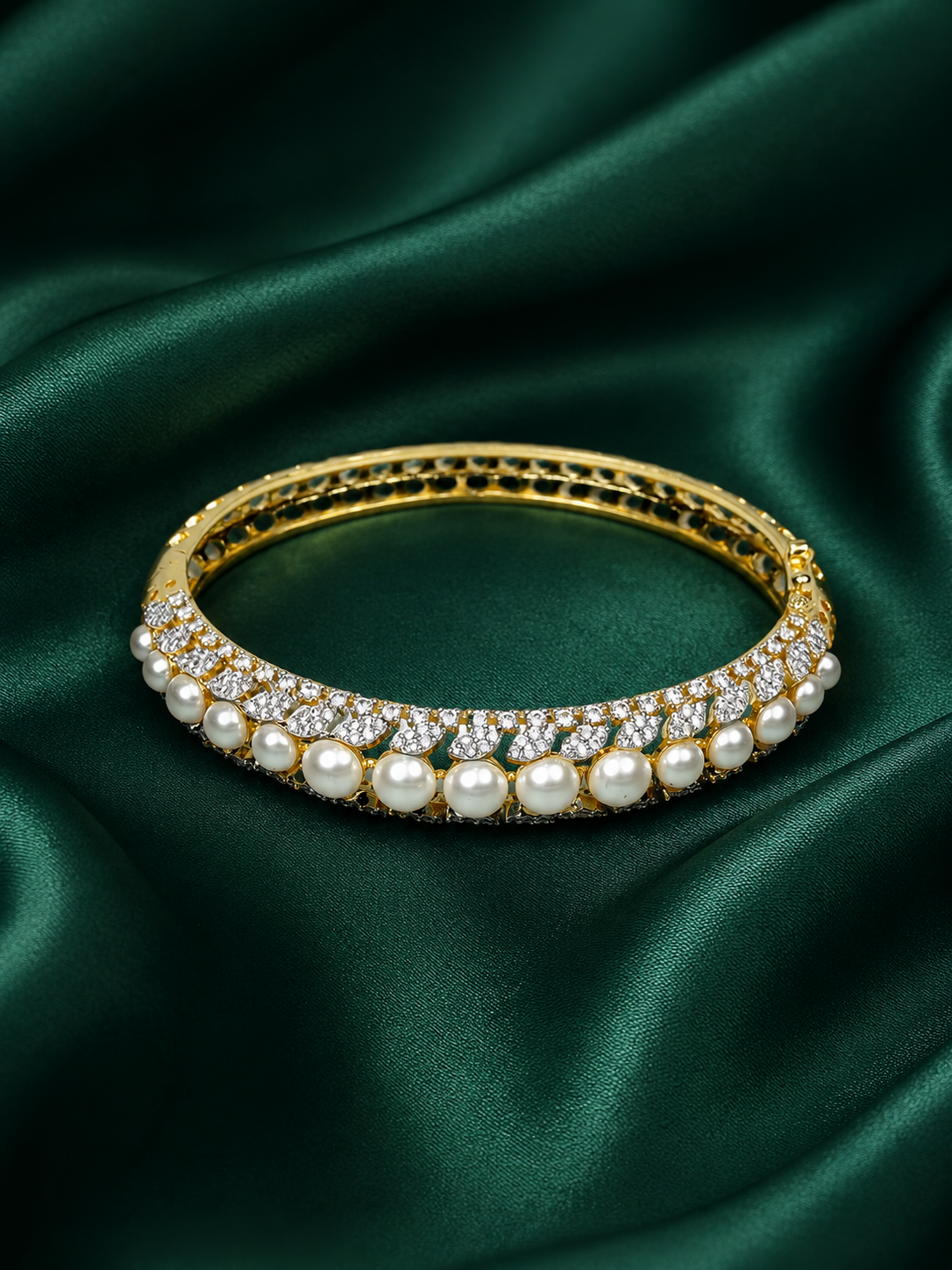 Zevar Club 22K Rhodium-Plated Handcrafted Pearl Embedded Design AAA Cubic Zirconia Studded Openable Bracelet