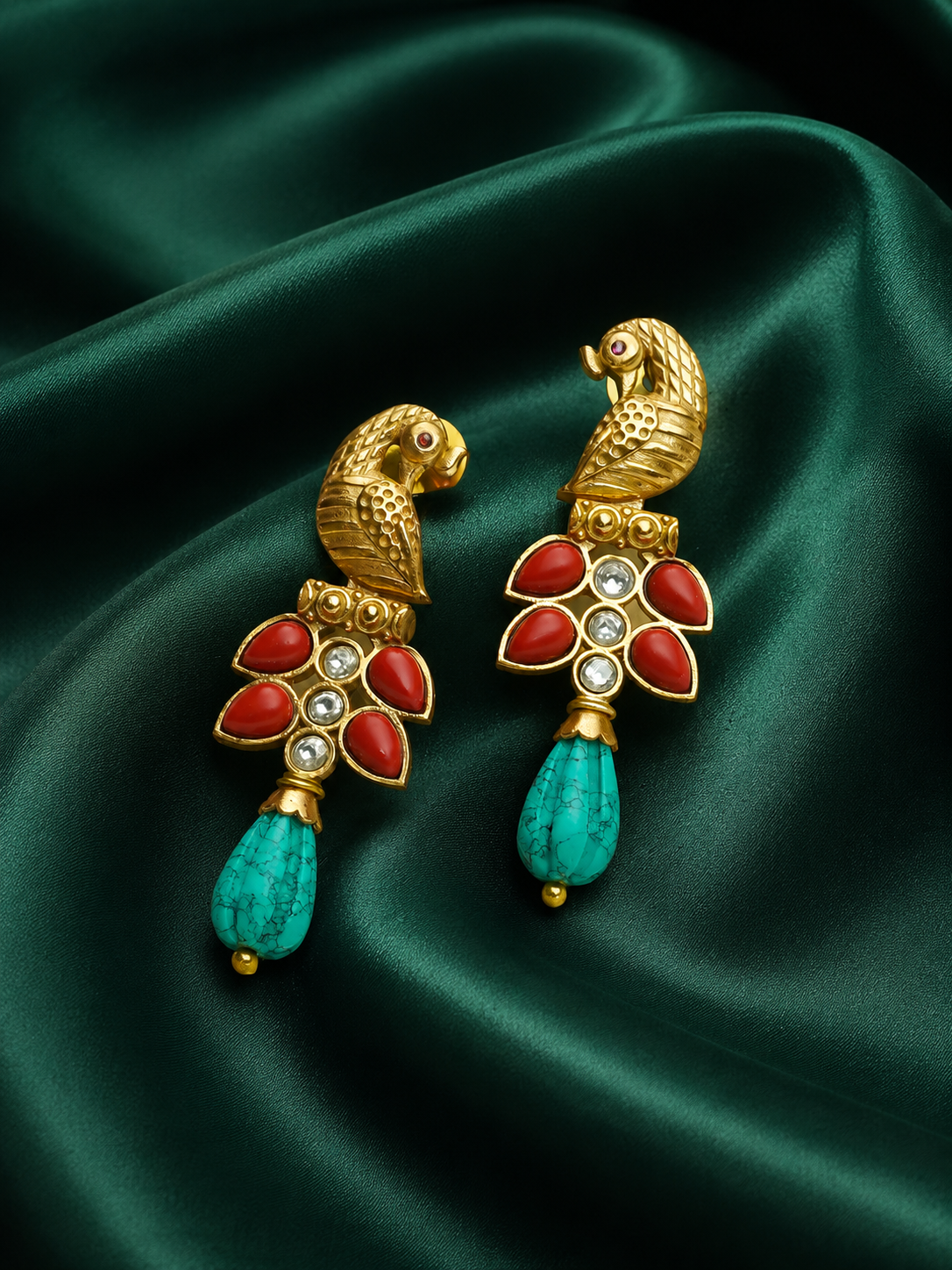 Peacock Kundan Antique Gold Drop Earrings