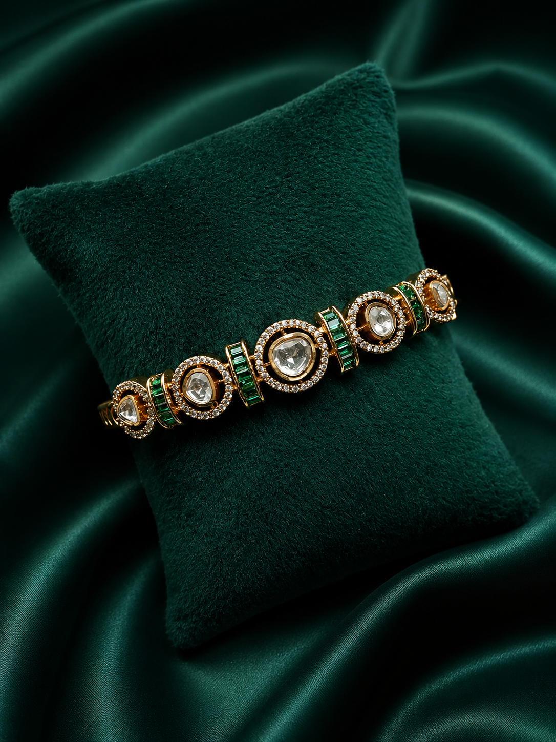 Zevar Club Gold-Toned White Kundan & Cubic Zirconia Studded Emerald Green Luxury Statement Bracelet