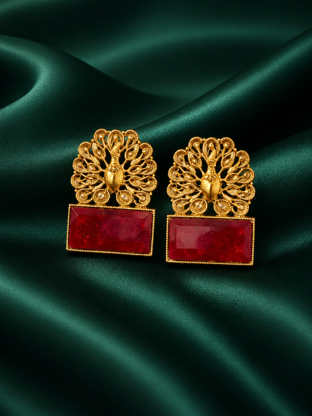 Zevar Club Brass Gold-Toned Statement Peacock Motif Earrings with Emerald Green Rectangular Stones