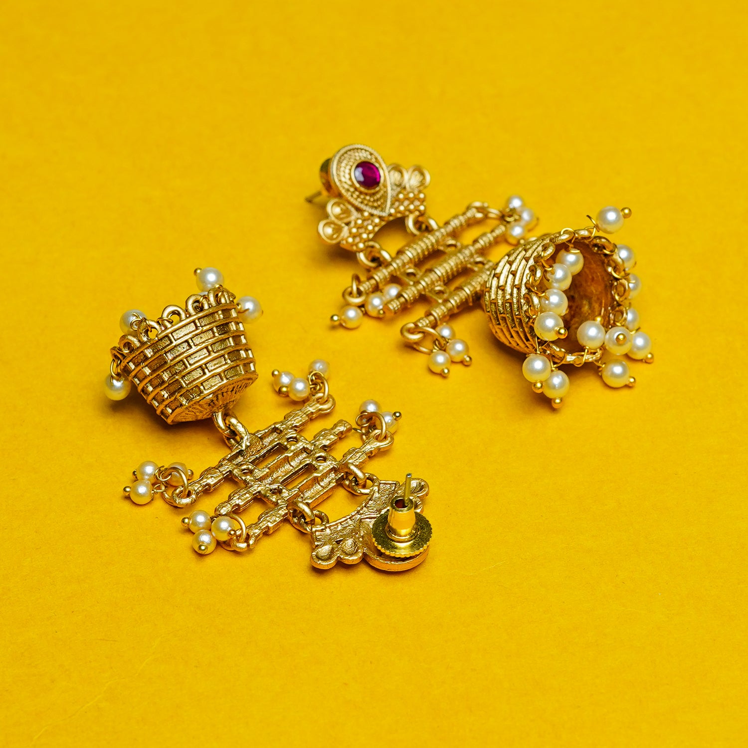 Zevar Club 18K Gold-Plated White Kundan Studded Layered Traditional Jhumka Earrings with Pearls