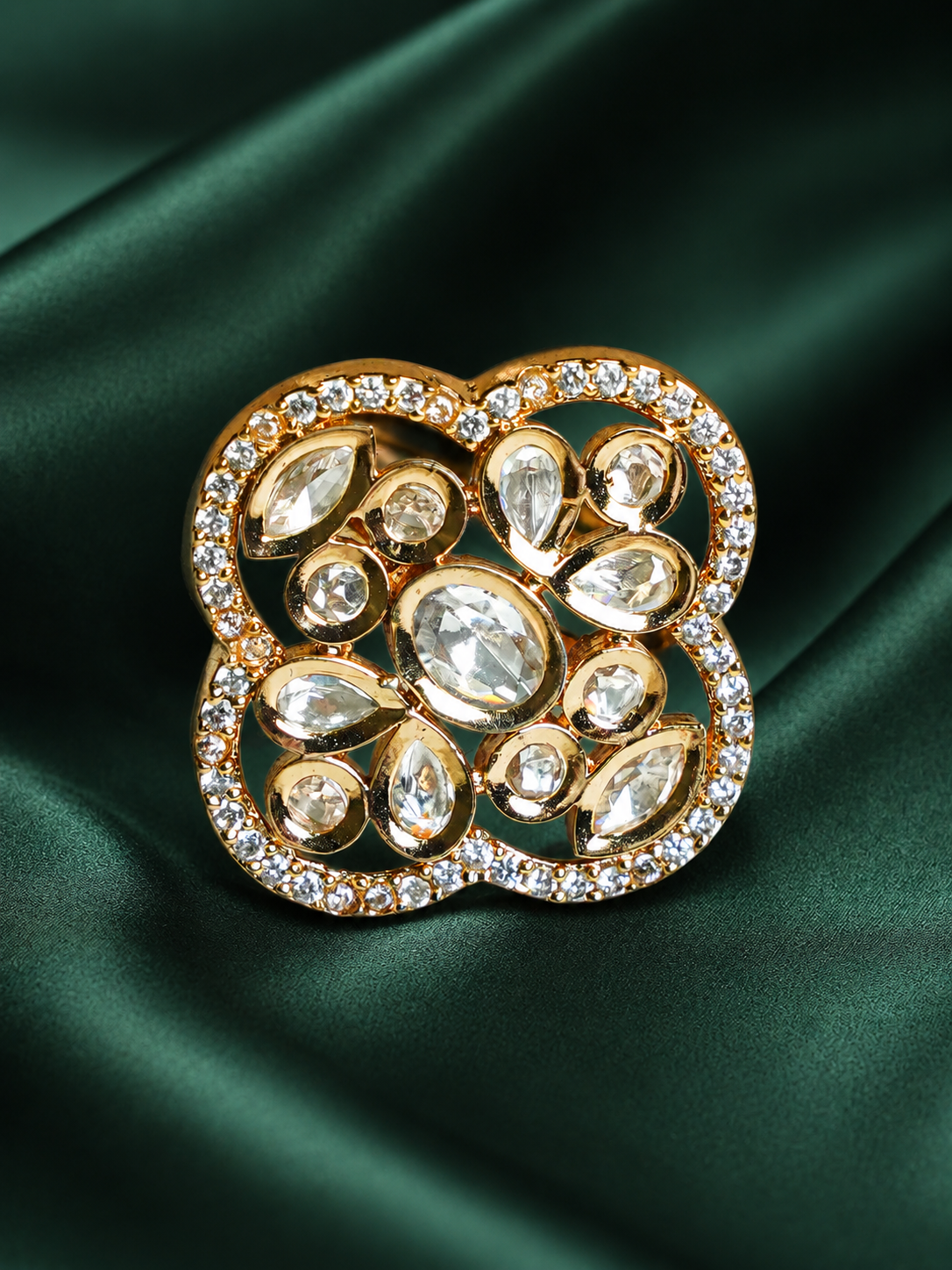 Zevar Club Gold-Toned White Kundan & Cubic Zirconia Studded Floral Adjustable Statement Ring