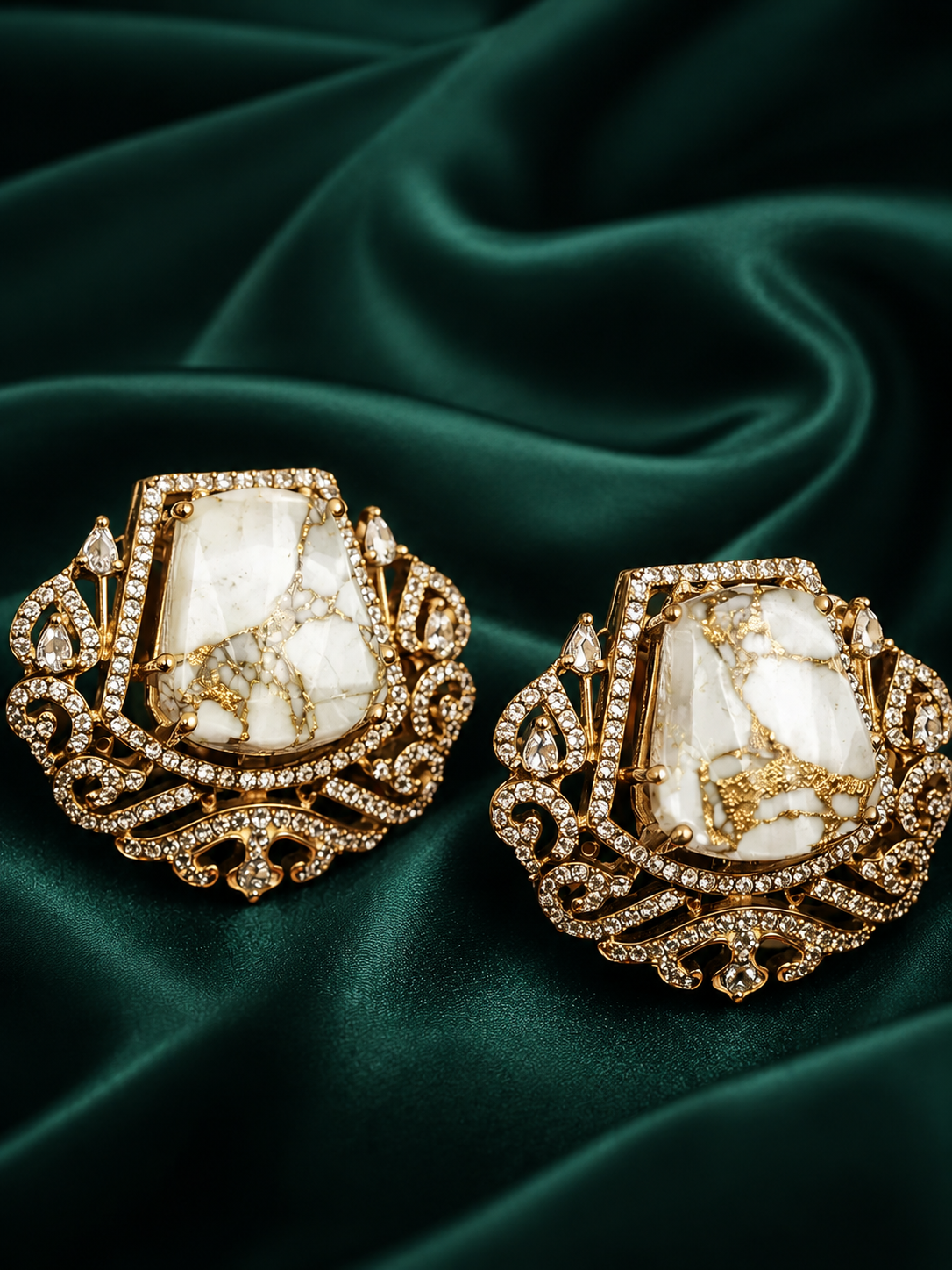 Zevar Club Rhodium-Plated Marble-Effect White Gemstone & AAA Cubic Zirconia Statement Stud Earrings