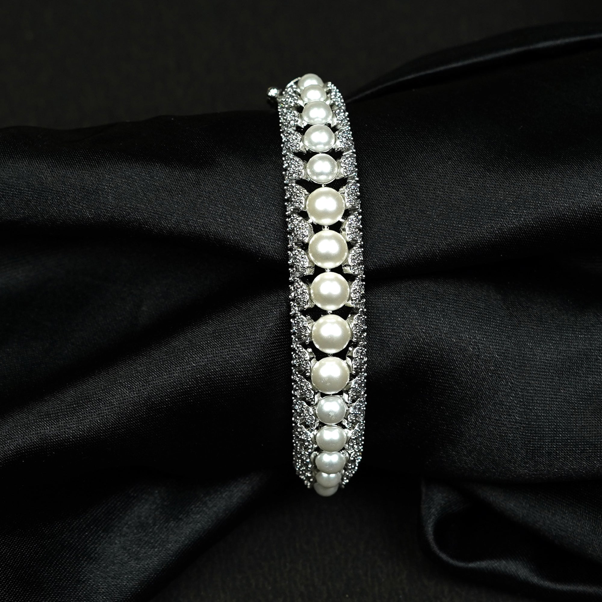 Zevar Club 22K Rhodium-Plated Handcrafted Pearl Embedded Design AAA Cubic Zirconia Studded Openable Bracelet