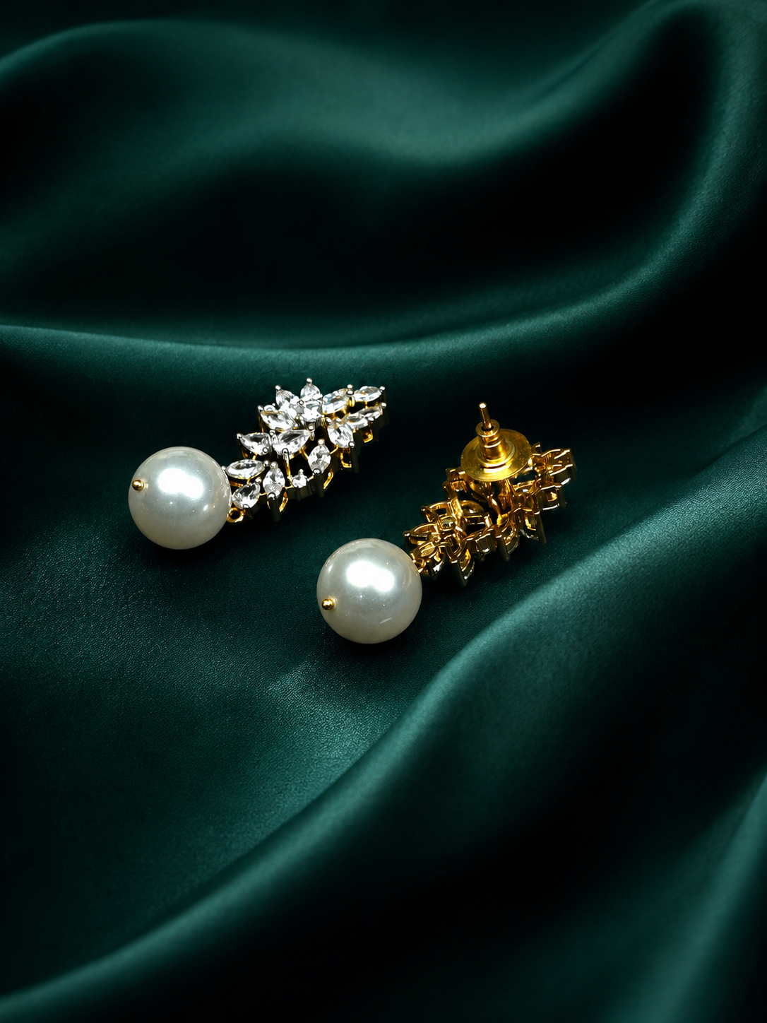 Zevar Club 22K Gold-Plated Handcrafted Cubic Zirconia & Pearl Studded Leaf Design Earrings