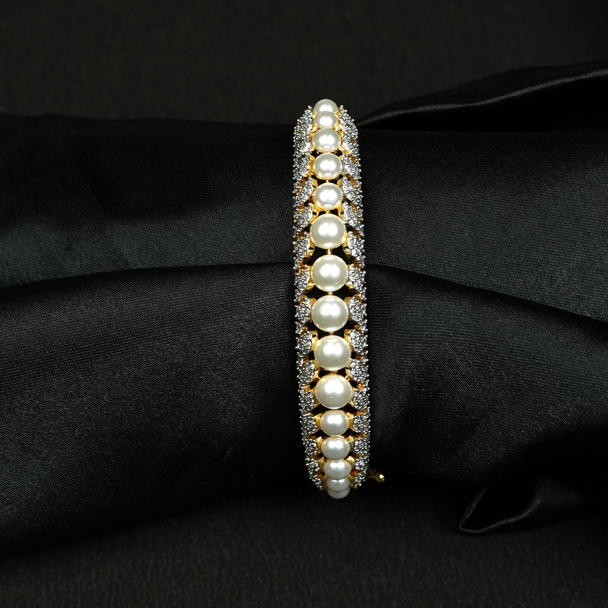 Zevar Club 22K Gold-Plated Handcrafted Pearl Embedded Design AAA Cubic Zirconia Studded Openable Bracelet