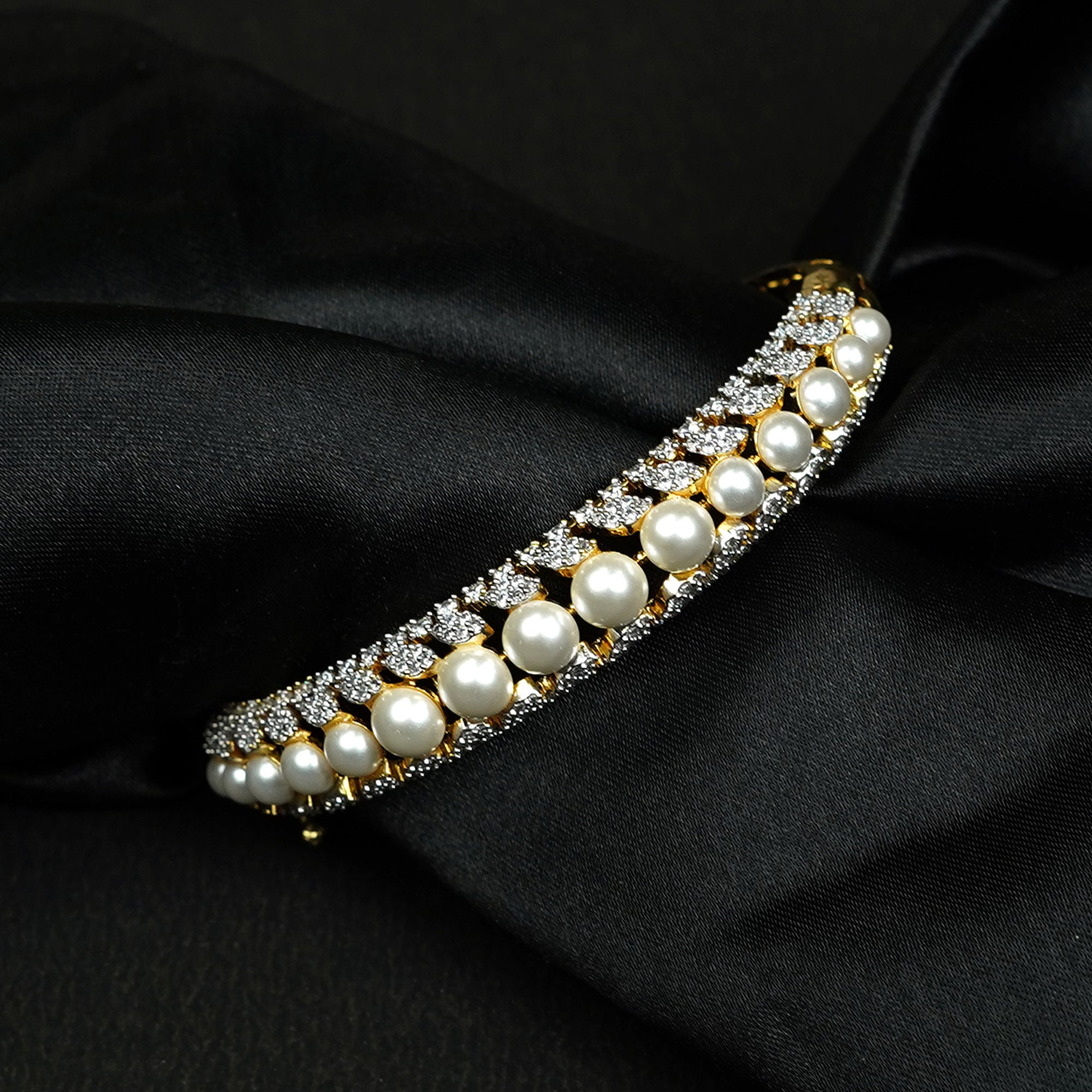Zevar Club 22K Gold-Plated Handcrafted Pearl Embedded Design AAA Cubic Zirconia Studded Openable Bracelet