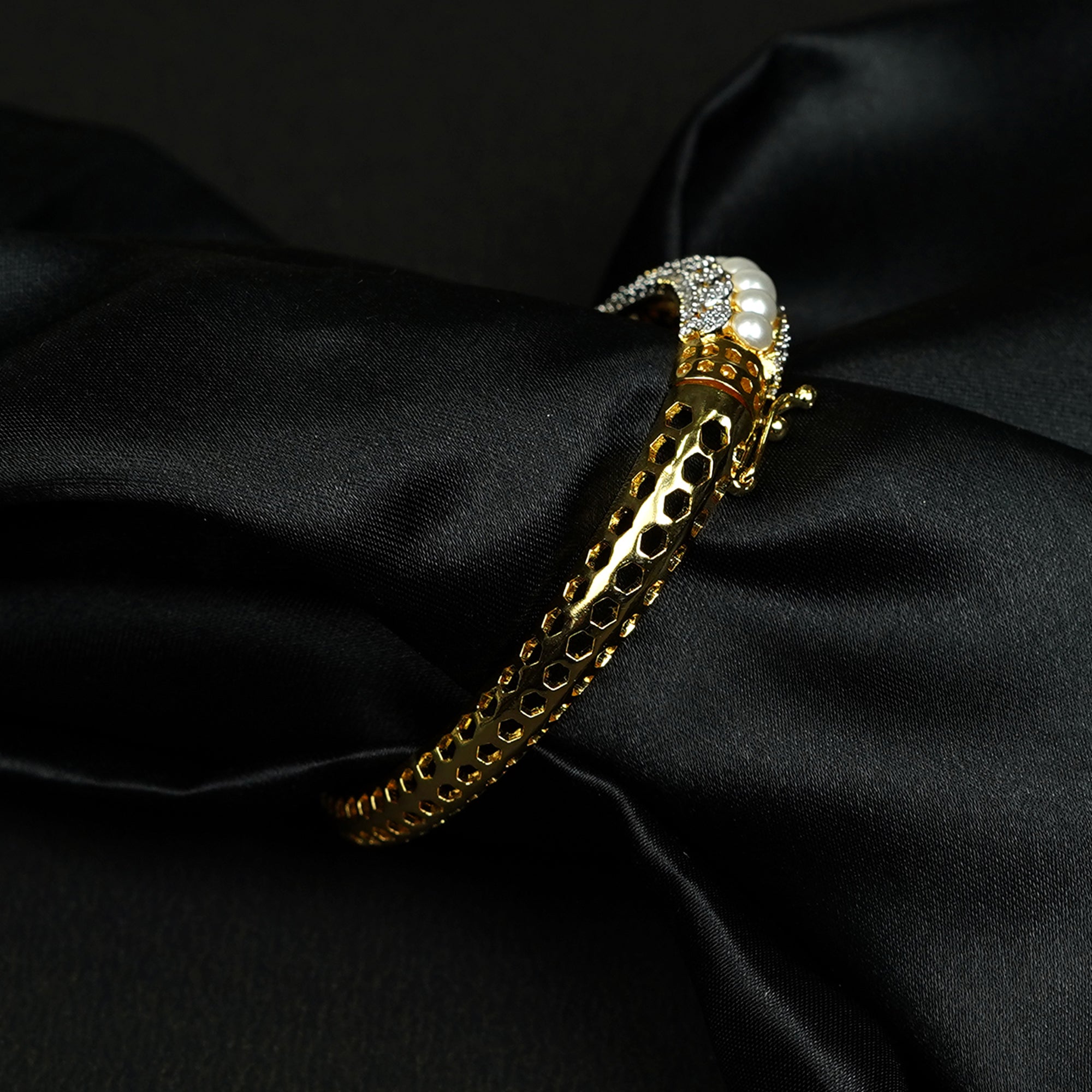 Zevar Club 22K Rhodium-Plated Handcrafted Pearl Embedded Design AAA Cubic Zirconia Studded Openable Bracelet