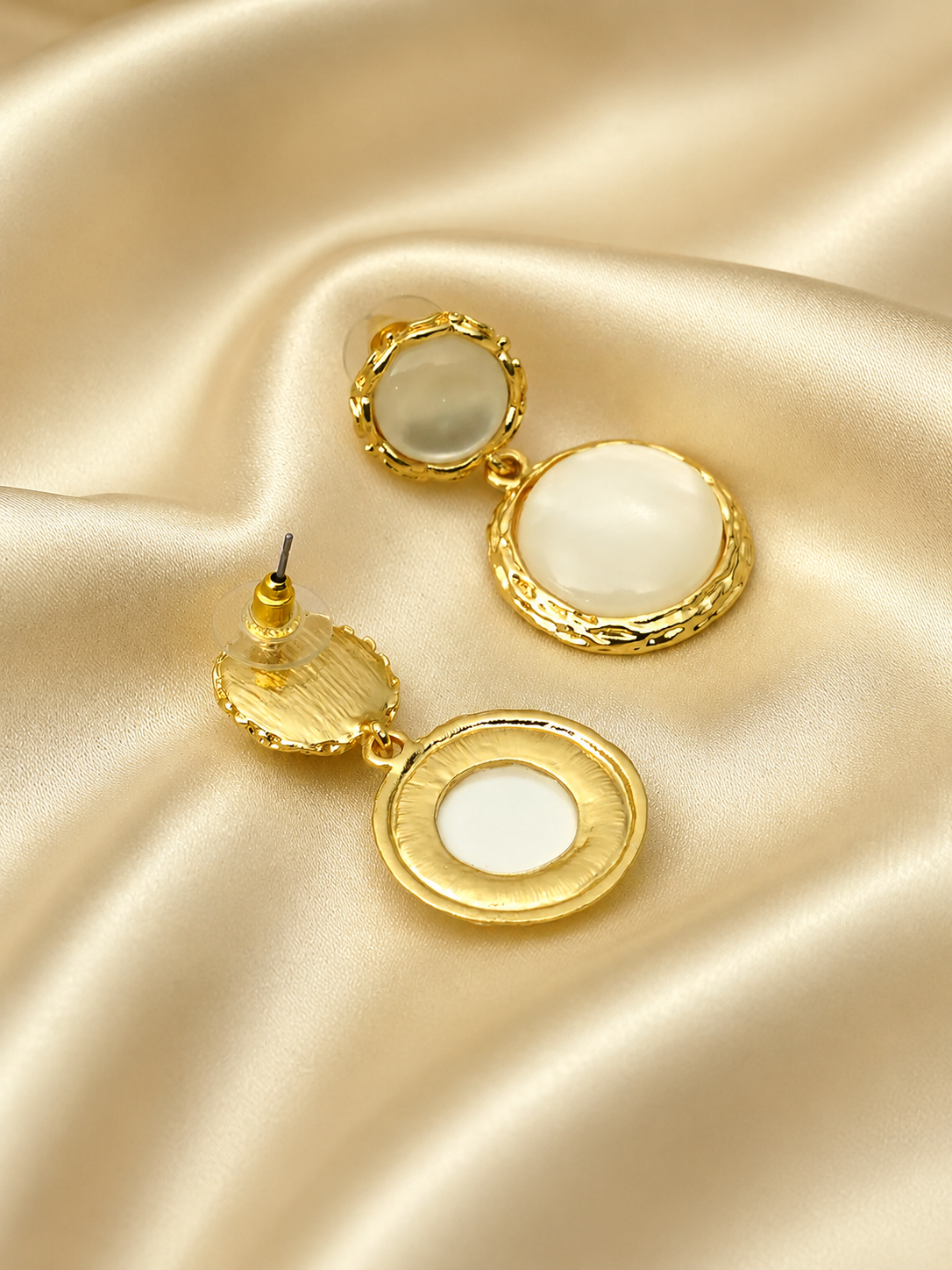 Zevar Club Gold Tone Glossy White Pearl-Textured Double Circle Drop Earrings for Women