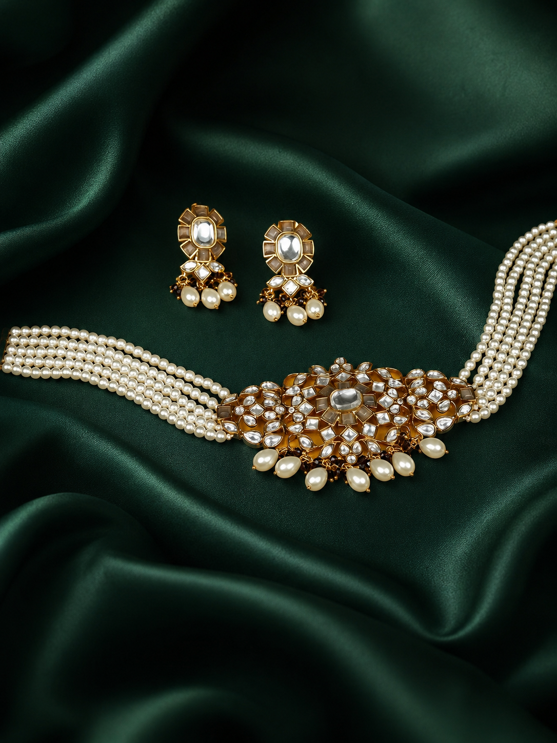 Zevar Club White Kundan Studded Floral Handcrafted Choker Necklace Set with White Pearl Beaded Strands & Drop Earrings