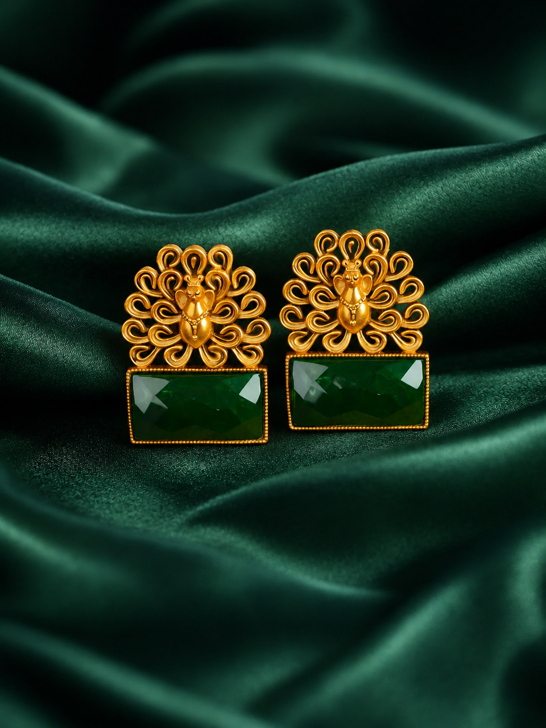 Zevar Club Brass Gold-Toned Statement Peacock Motif Earrings with Emerald Green Rectangular Stones