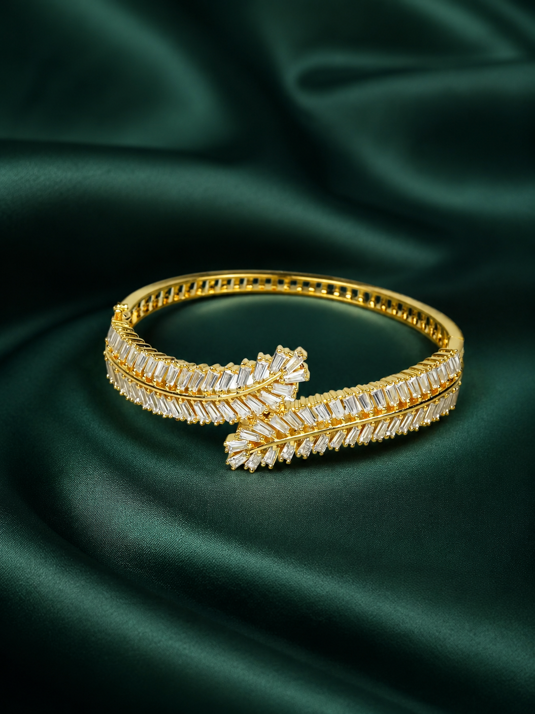 Zevar Club 22K Gold-Plated Handcrafted Leaf Cluster Design AAA Cubic Zirconia Studded Openable Bracelet