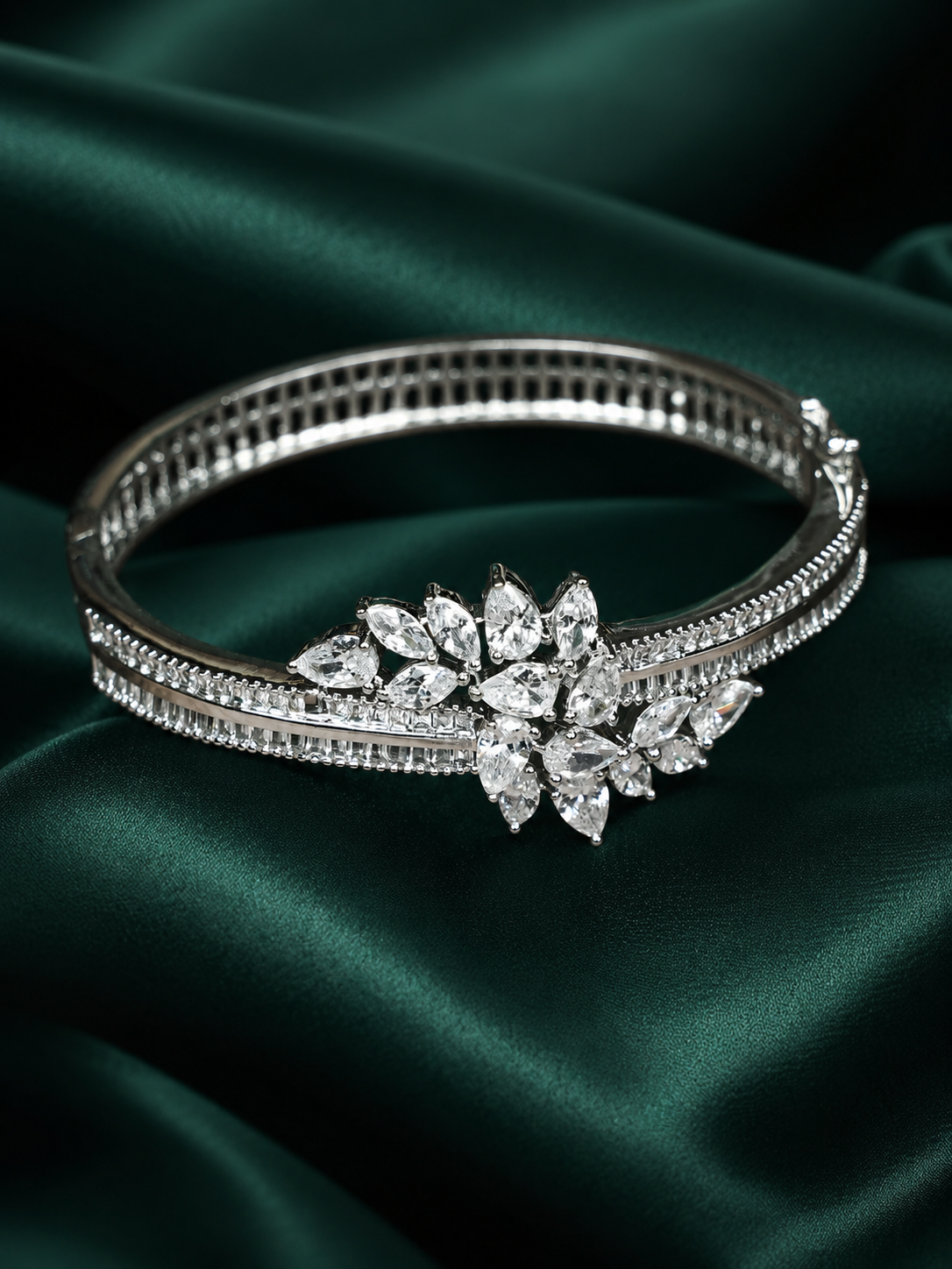 Zevar Club 22K Gold-Plated Floral Cluster Handcrafted AAA CZ Studded Baguette-Lined Openable Bracelet