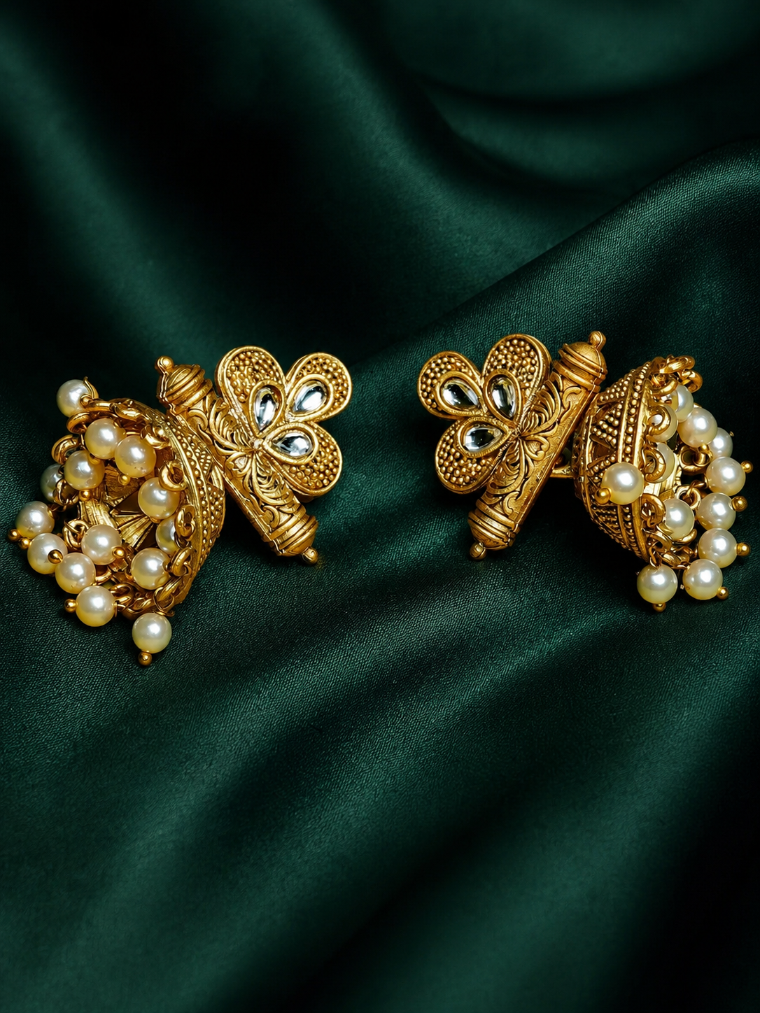 Zevar Club 18K Gold-Plated Red Stone Studded Dome Jhumka Earrings with Pearl Danglers
