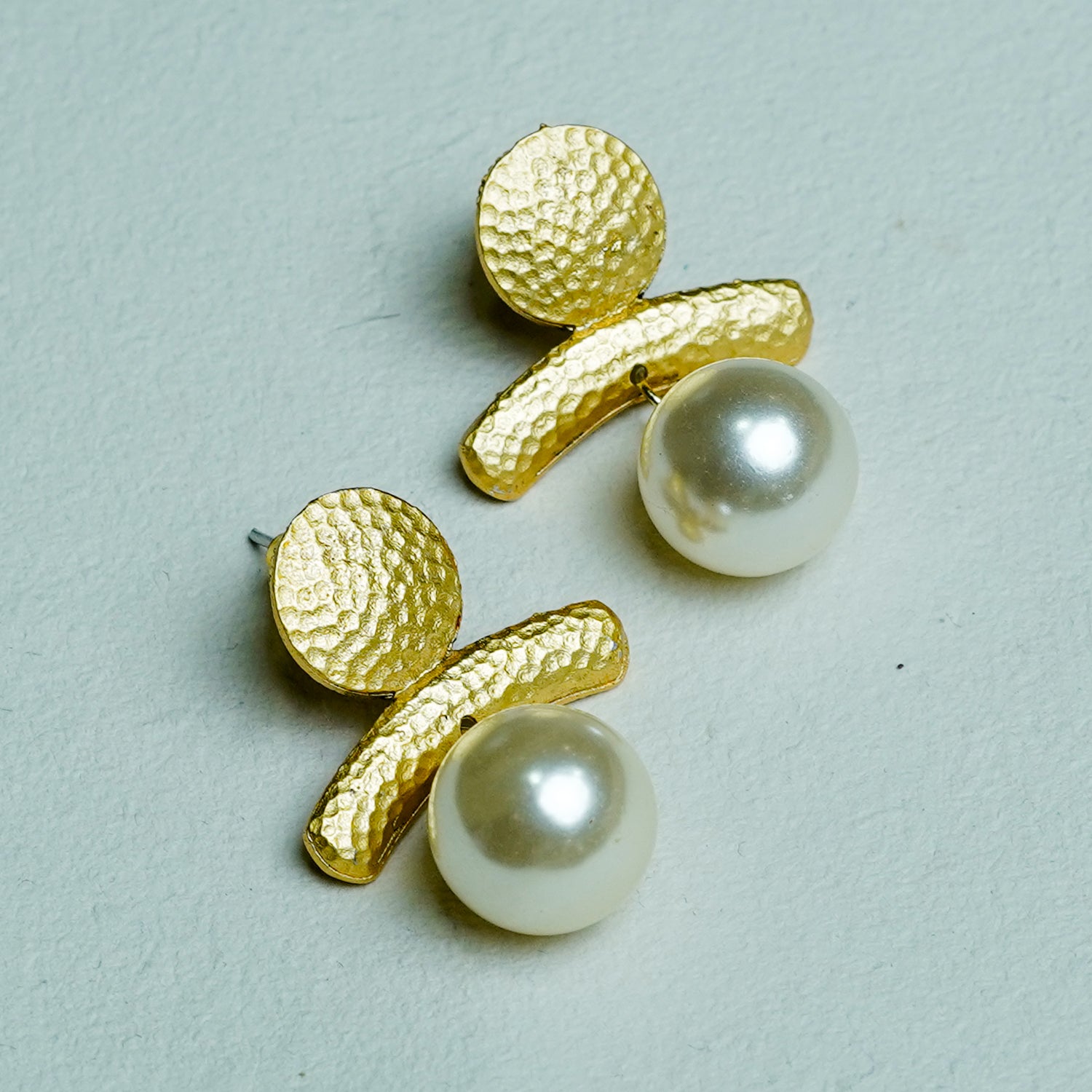 Zevar Club Gold-Toned Antique Statement Drop Earrings with Textured Bar & White Pearl Danglers