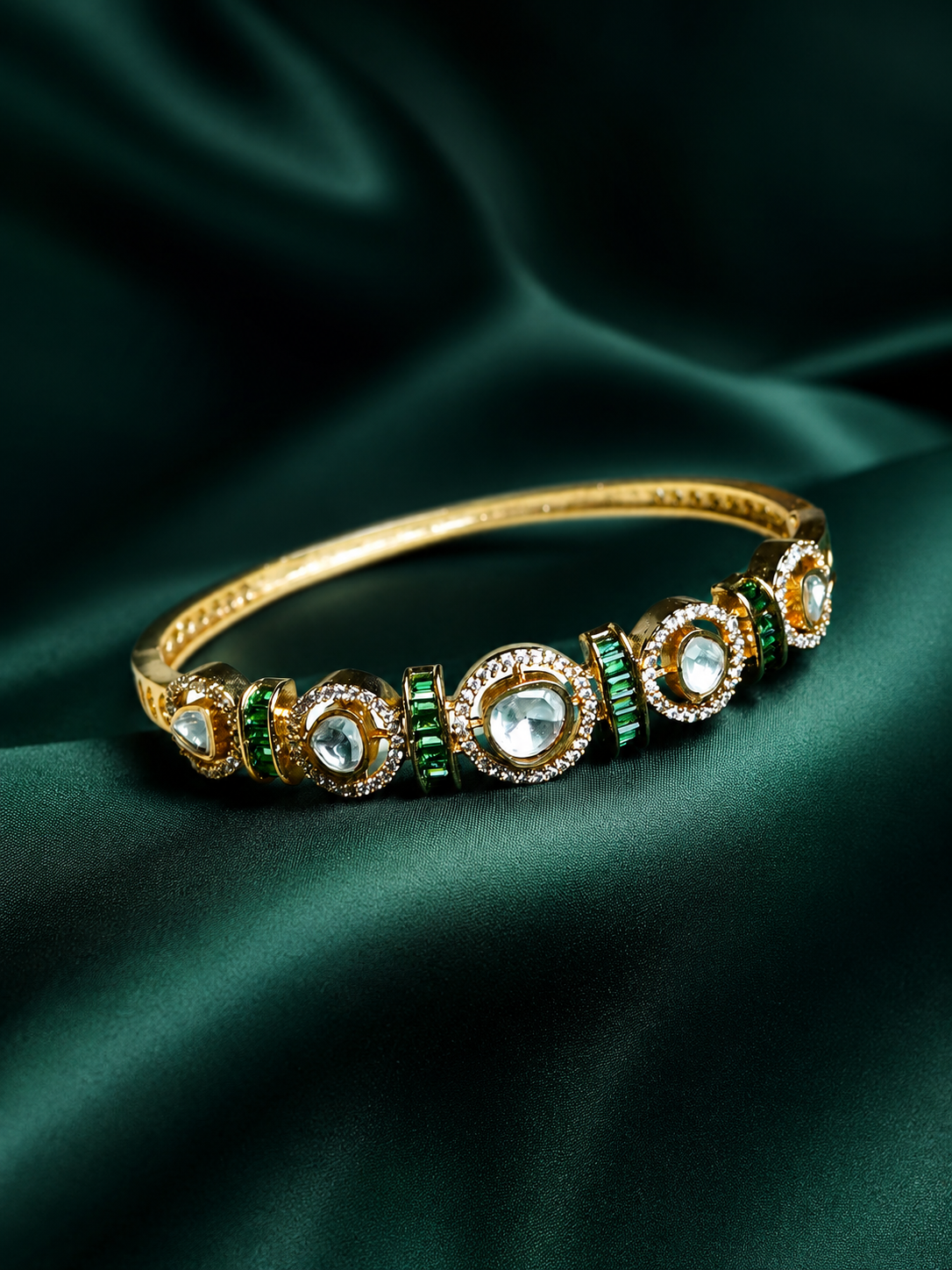 Zevar Club Gold-Toned White Kundan & Cubic Zirconia Studded Emerald Green Luxury Statement Bracelet