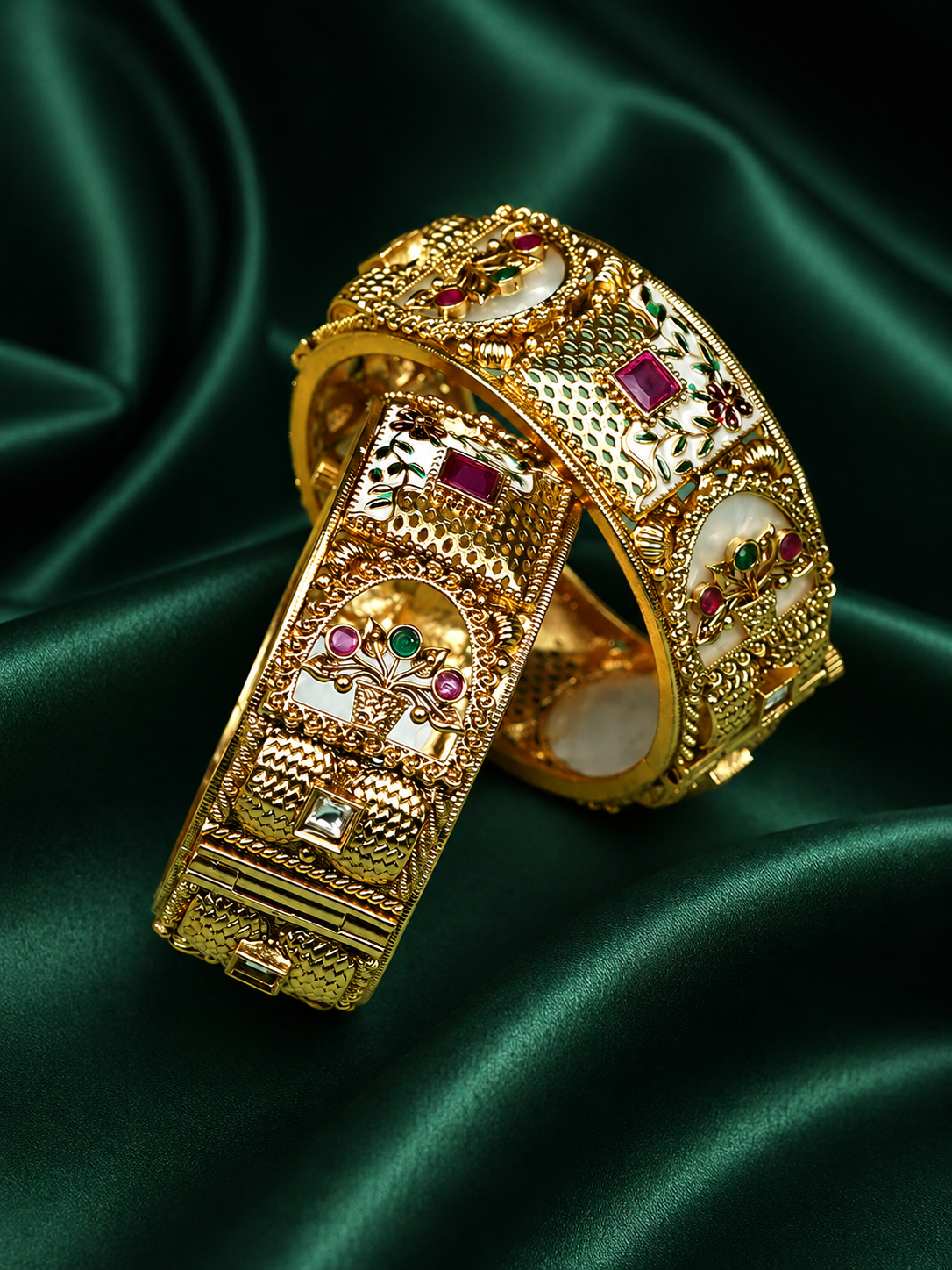 Zevar Club Set of 2 22K Gold-Plated Handcrafted Rajwadi Bangles with Ruby Pink & Emerald Green Kundan Studded Elephant Motifs