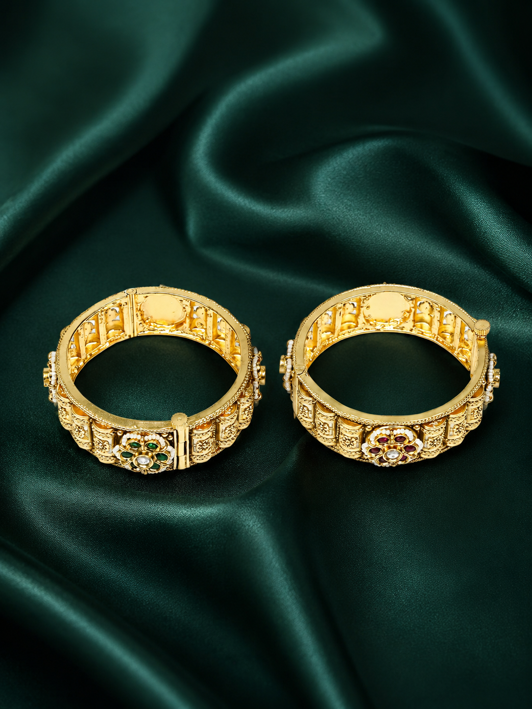 Zevar Club Set of 2 22K Gold-Plated Handcrafted Rajwadi Bangles with Ruby Red & Emerald Green Floral Kundan Motif