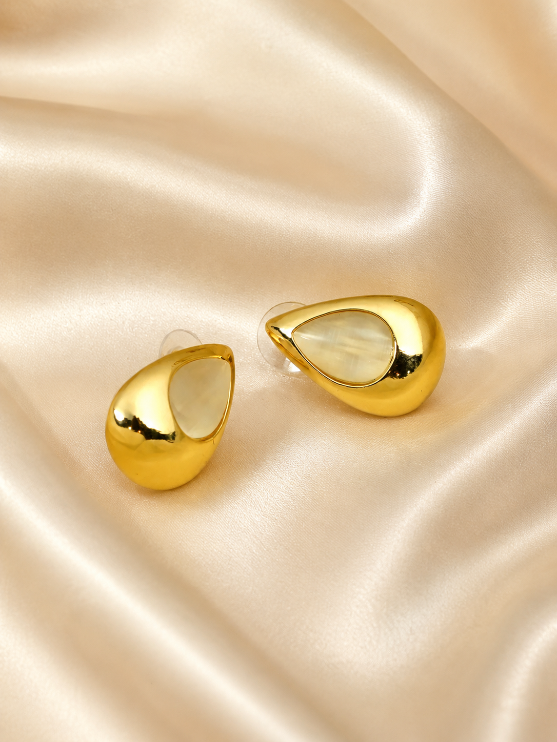 Zevar Club Glossy Gold Tone Stainless Steel Tarnish Free Waterproof Tear Drop-Shaped Mother of Pearl Stud Earrings for Women