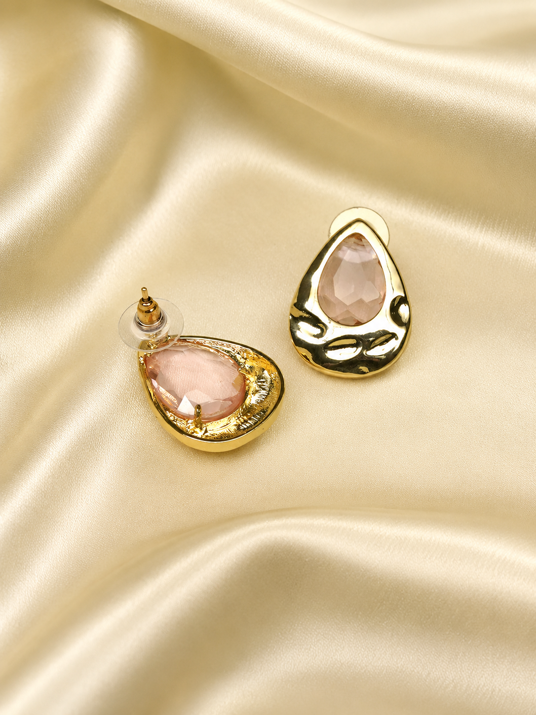 Zevar Club Matte Gold Tone Stainless Steel Tarnish Free Waterproof Tear Drop-Shaped Pastel Pink Stone Stud Earrings for Women