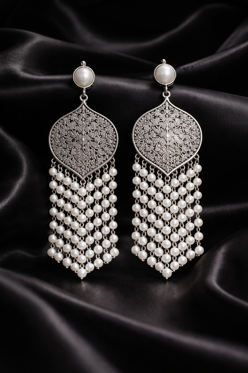 Zevar Club Oxidised Silver-Toned Statement Chandelier Earrings with Multilayer Pearl Beads