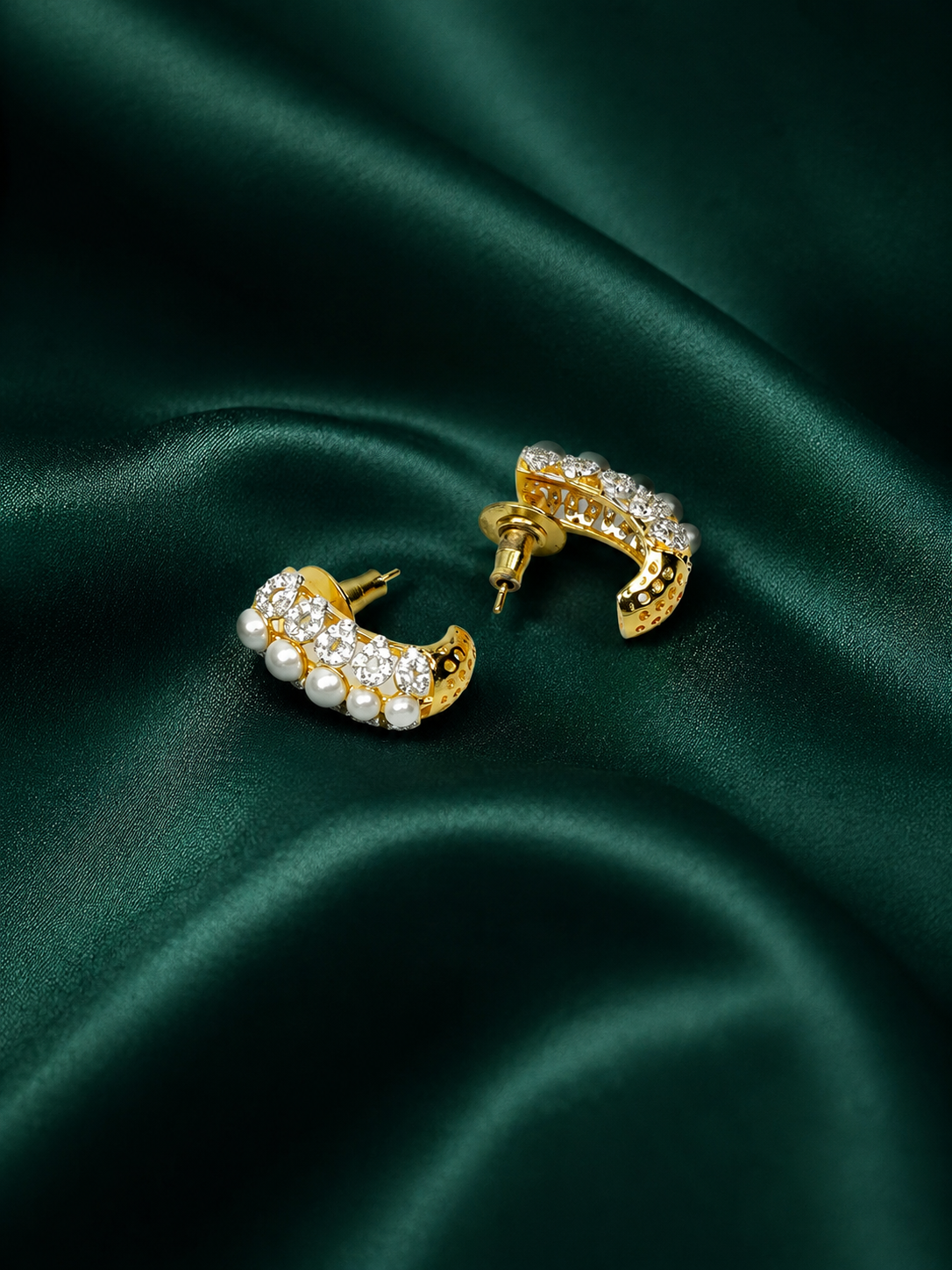 Zevar Club 22K Gold-Plated Handcrafted Cubic Zirconia & Pearl Studded Huggie Hoop Earrings