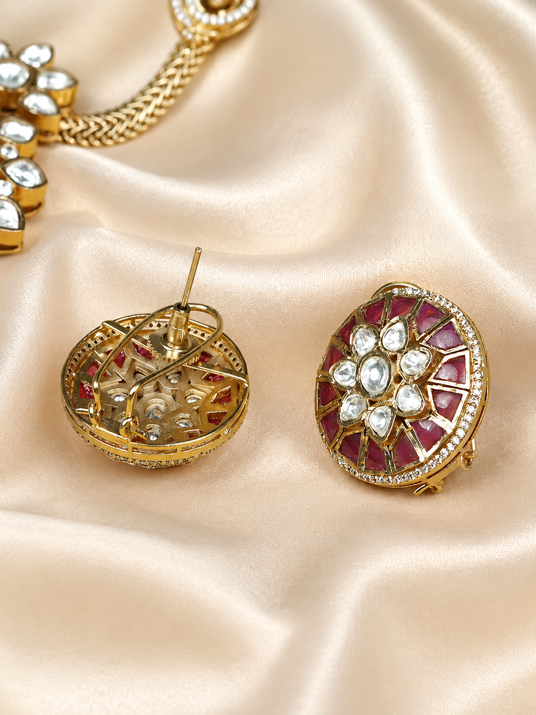 Zevar Club 24K Gold Plated White Kundan Studded Ruby Red Enamel Handcrafted Floral Jewellery Set with Pendant & Earrings for Women