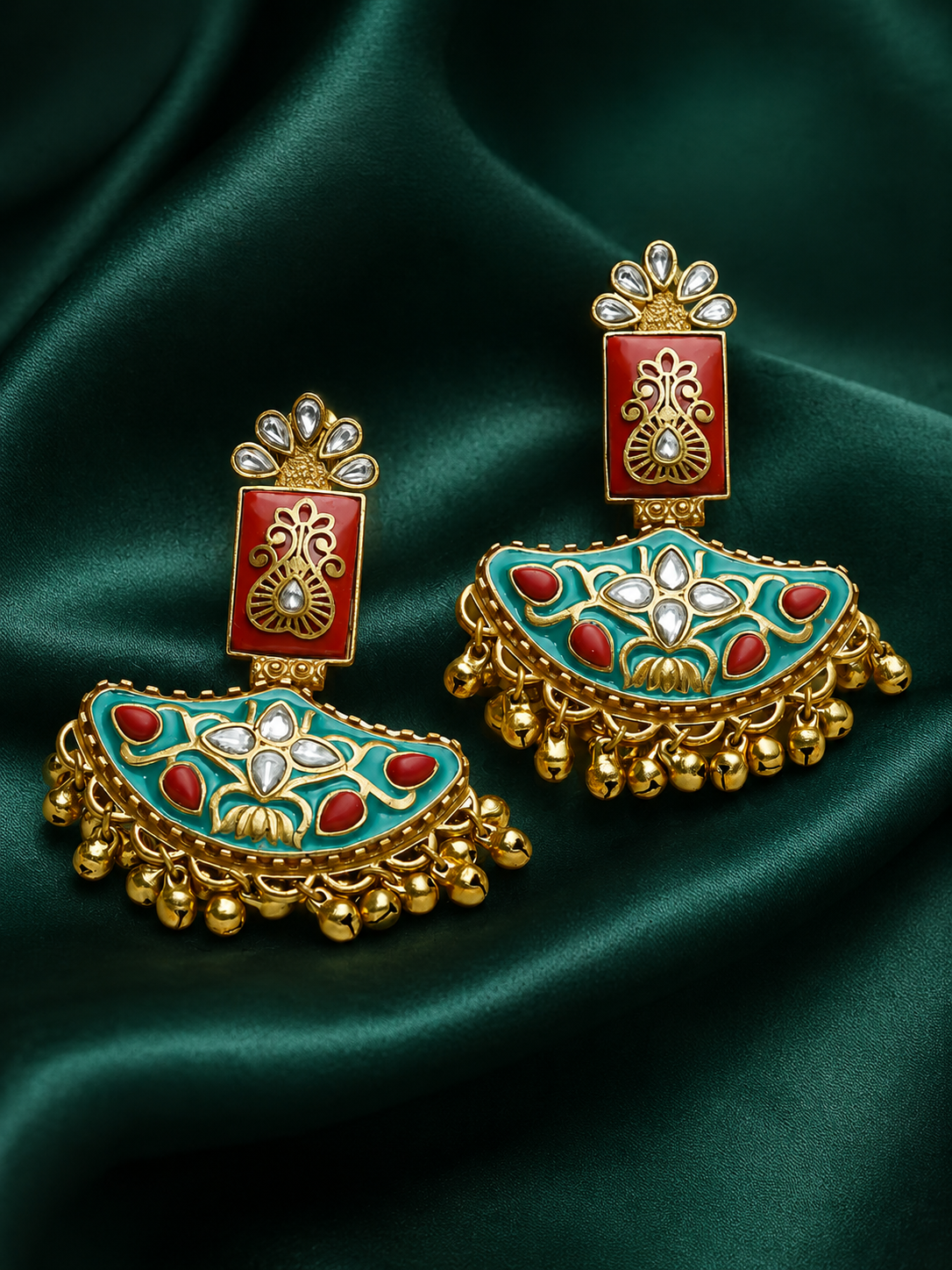 Antique Gold Turquiose Red Ghungroo Earrings