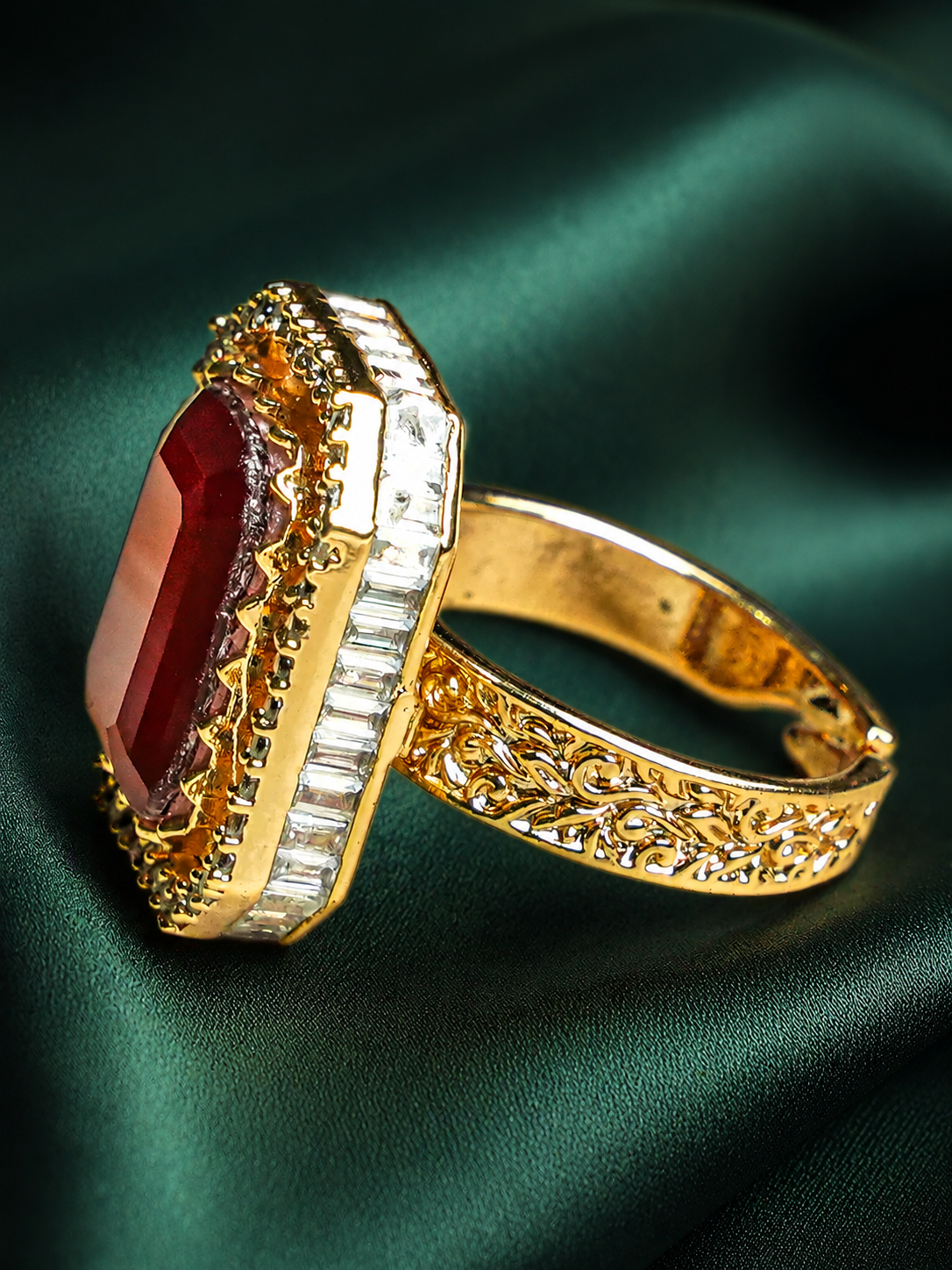 Zevar Club Gold-Toned Ruby Pink & Cubic Zirconia Studded Royal Statement Adjustable Ring