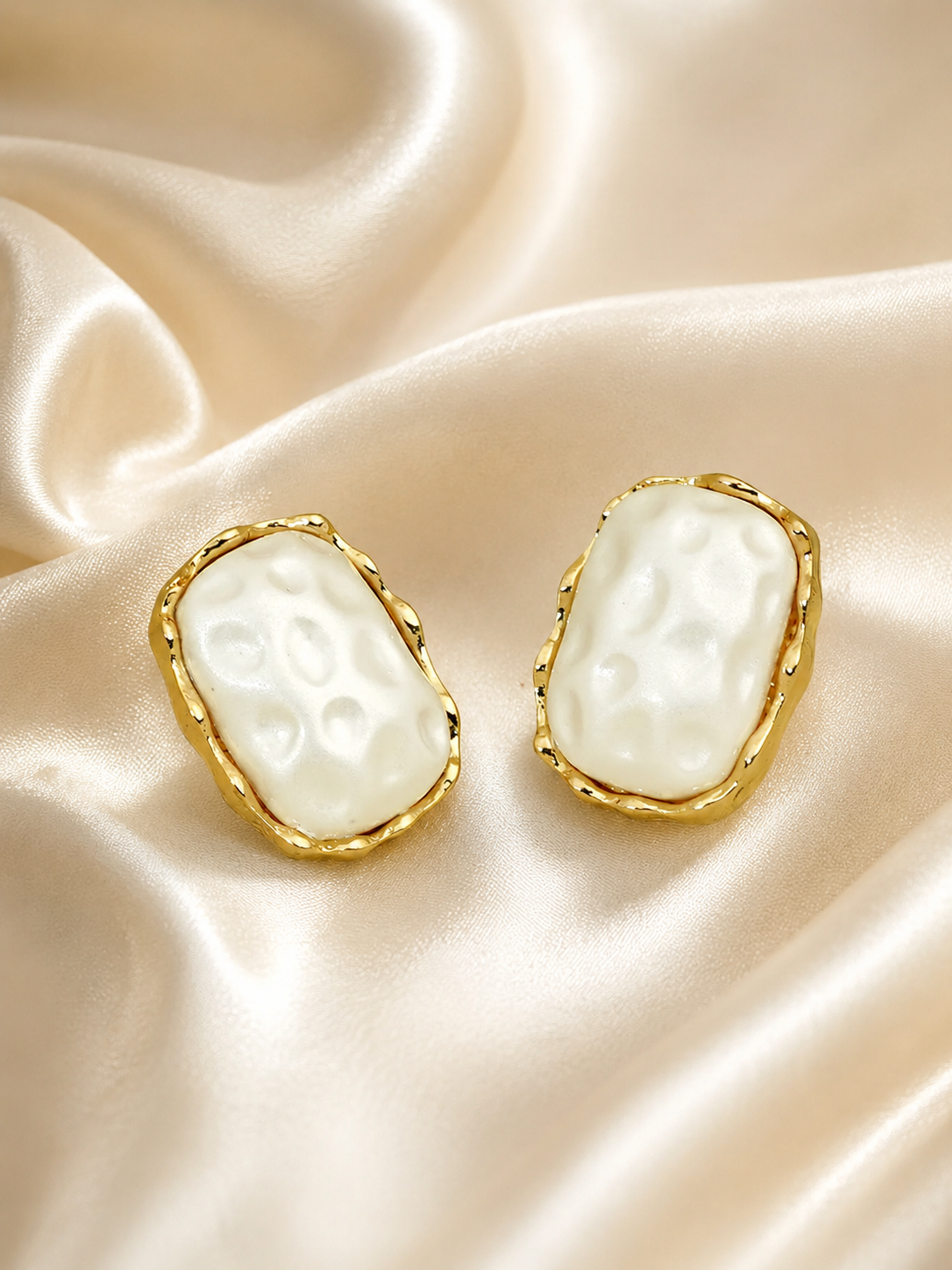 Zevar Club Gold Tone White Pearl-Textured Sculpted Frame Stud Earrings for Women