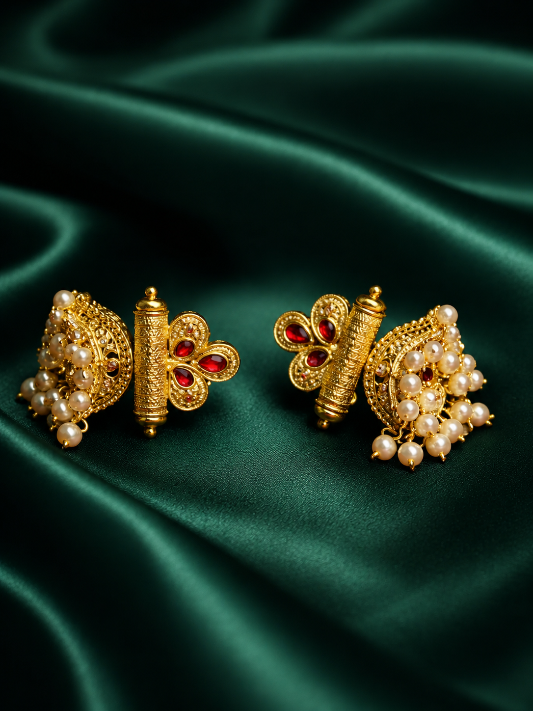 Zevar Club 18K Gold-Plated White Stone Studded Dome Jhumka Earrings with Pearl Danglers