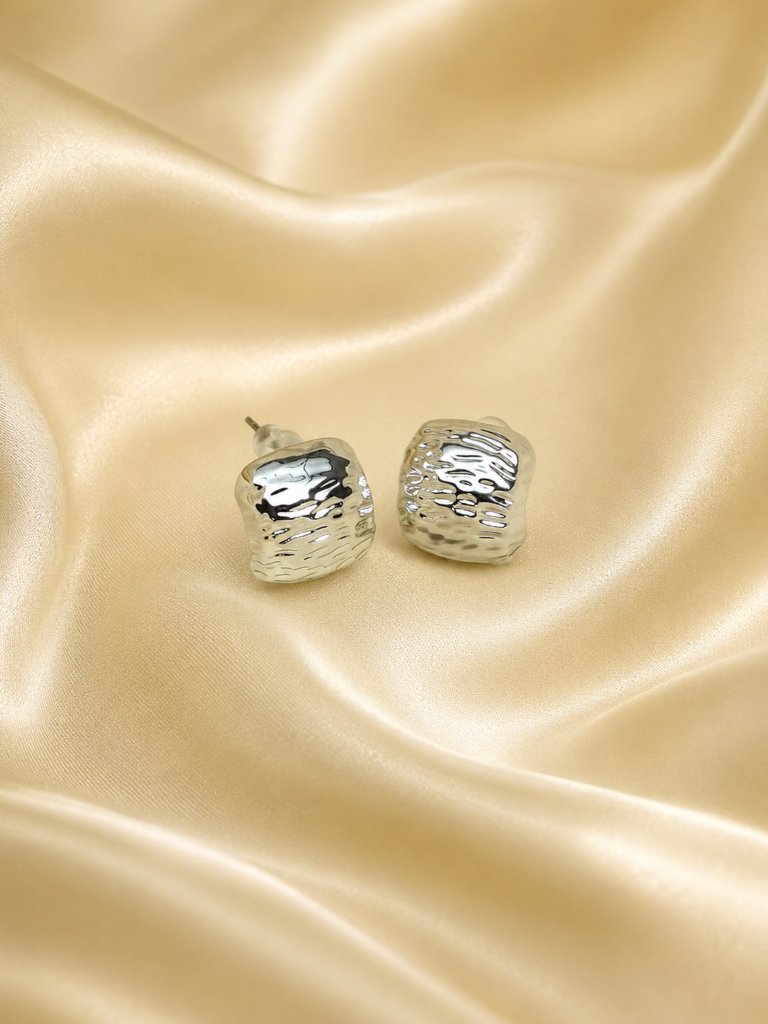 Zevar Club Silver Tone Hammered Textured Square Stud Earrings for Women