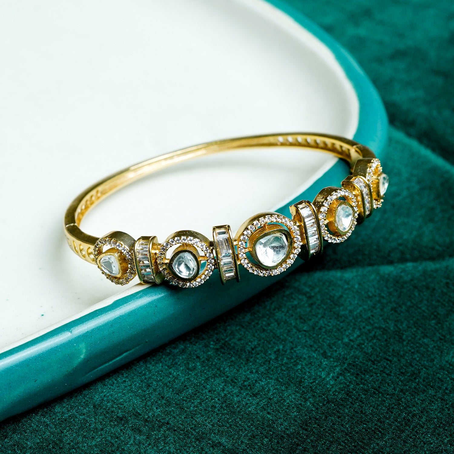 Zevar Club Gold-Toned White Kundan & Cubic Zirconia Studded Emerald Green Luxury Statement Bracelet