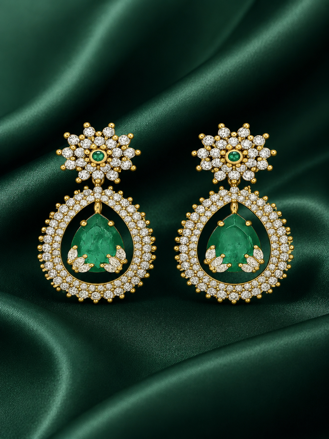 Zevar Club 22K Gold-Plated White Kundan & Emerald Green Cubic Zirconia Studded Long Statement Necklace Jewellery Set