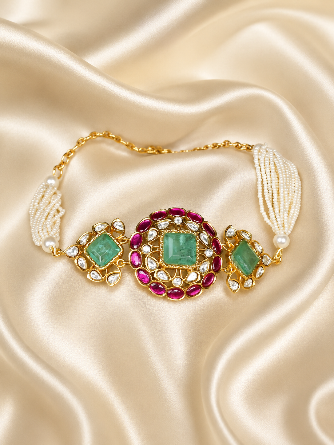 Zevar Club White Stone & Ruby Pink Studded Handcrafted Choker Necklace Set with Kundan & Pearl Beaded Detailing