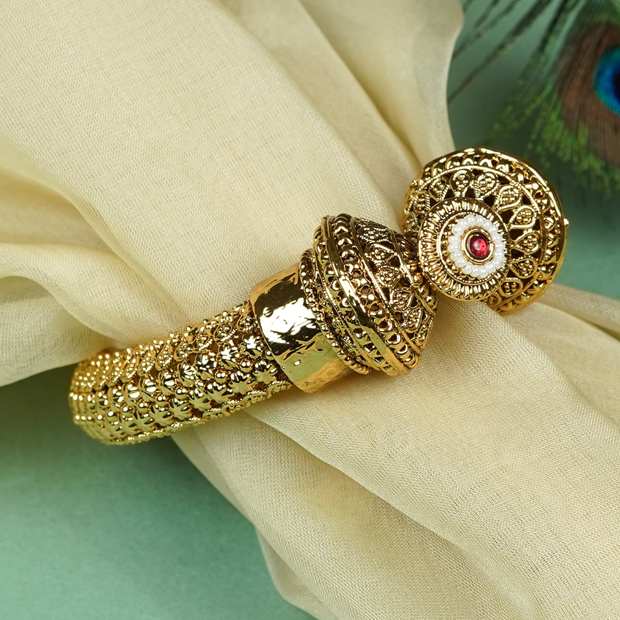 Zevar Club Set of 2 22K Gold-Plated Handcrafted Openable Rajwadi Bangles with Ruby Pearl & Kundan Stones for Women