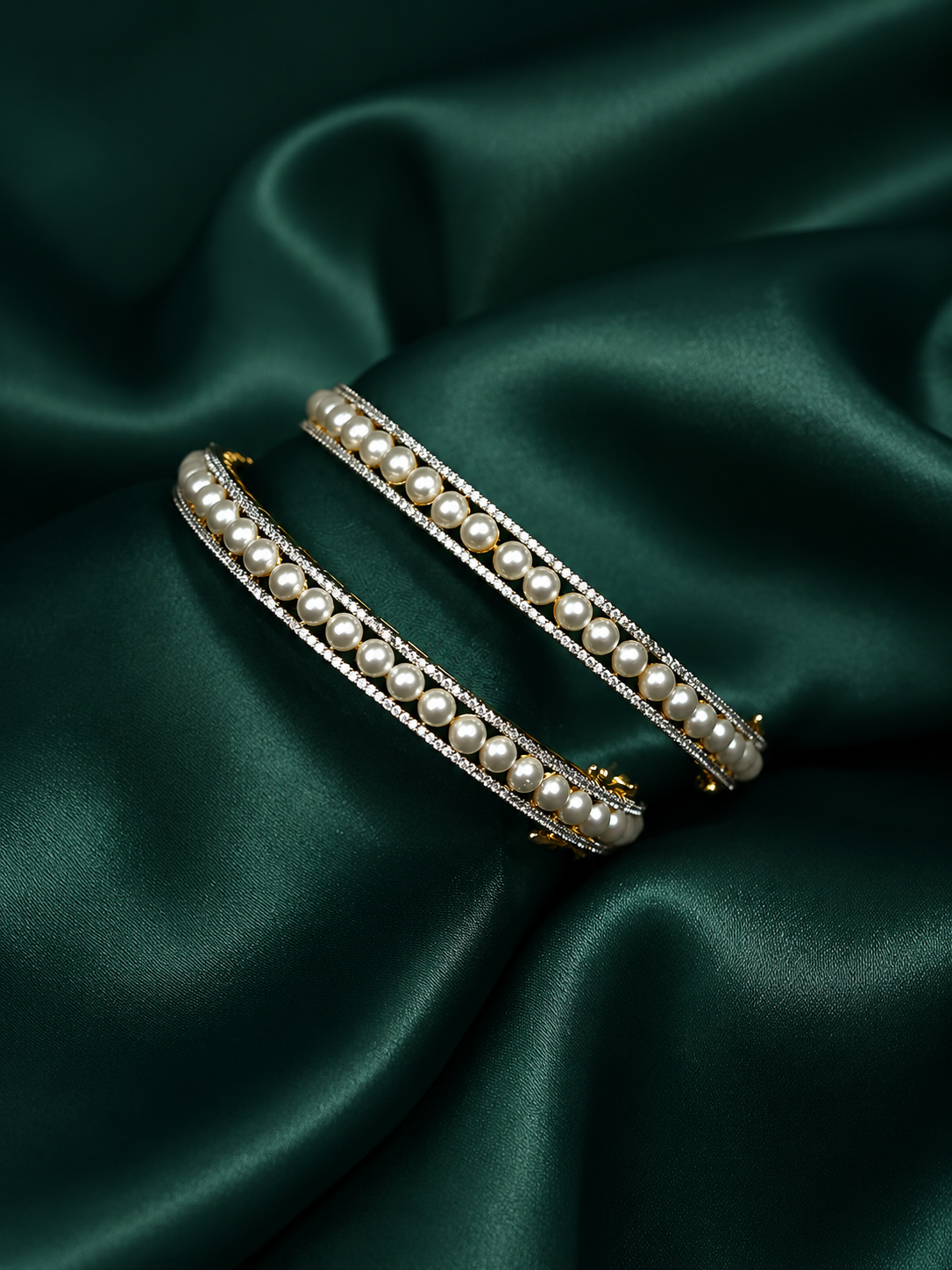 Zevar Club Set of 2 22K Gold-Plated Handcrafted Pearl Beaded & AAA Cubic Zirconia Studded Premium Bangles