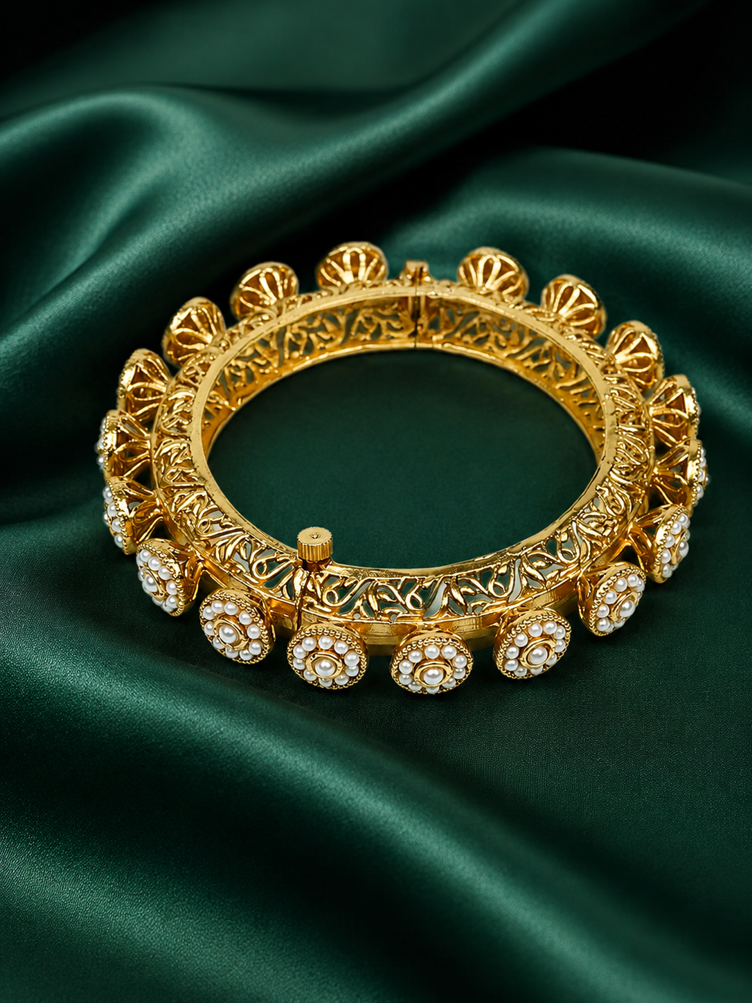 Zevar Club Set of 2 22K Gold-Plated Handcrafted Floral Drop Bangles with White Pearl Accents for Women