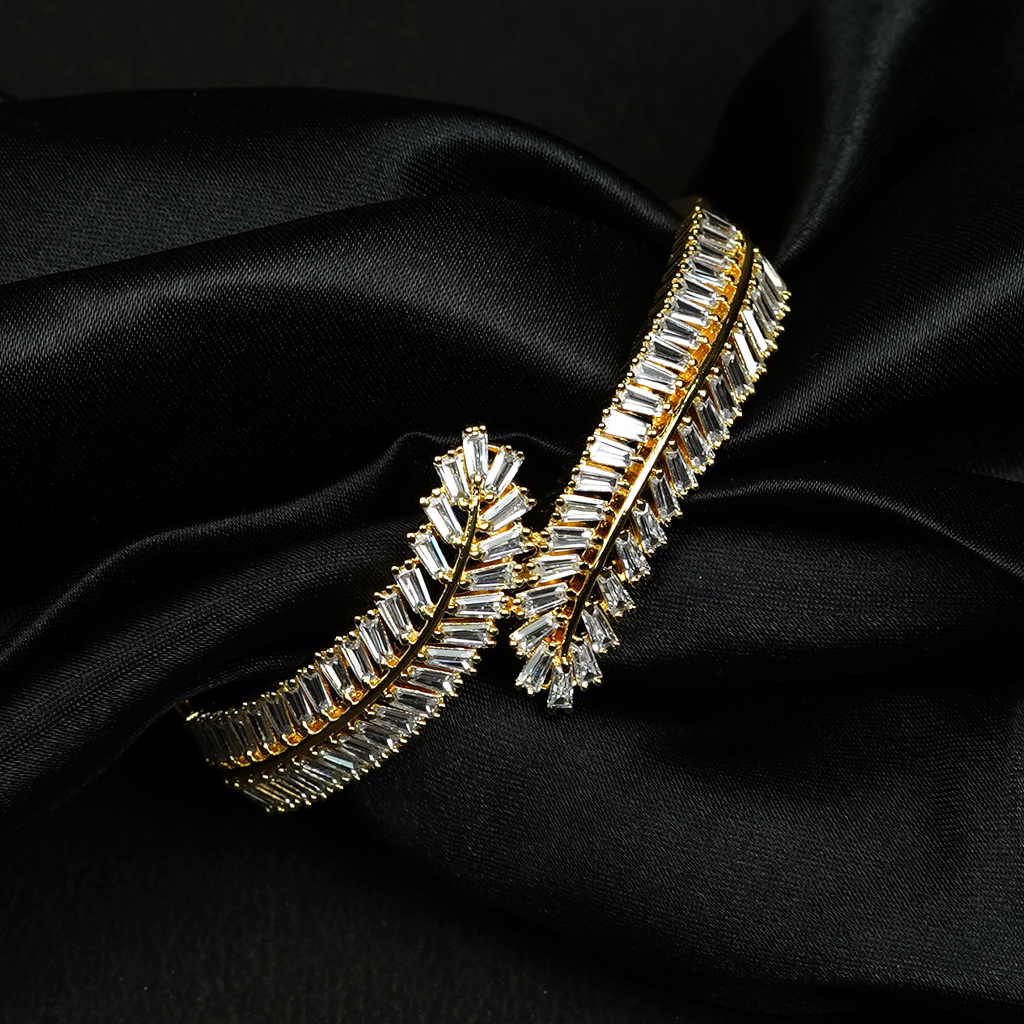 Zevar Club 22K Gold-Plated Handcrafted Leaf Cluster Design AAA Cubic Zirconia Studded Openable Bracelet