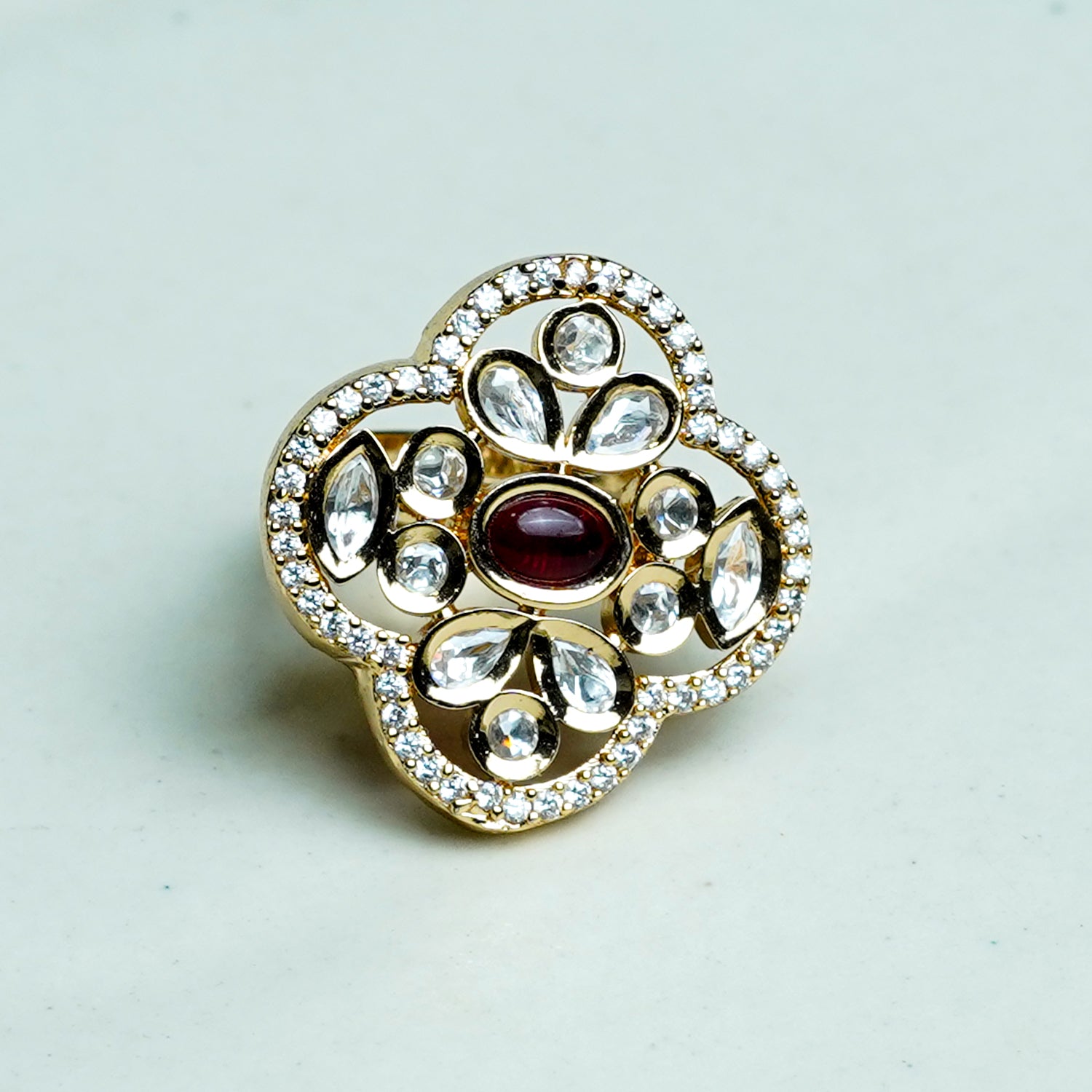 Zevar Club Gold-Toned White Kundan & Ruby Red Stone Studded Floral Adjustable Ring