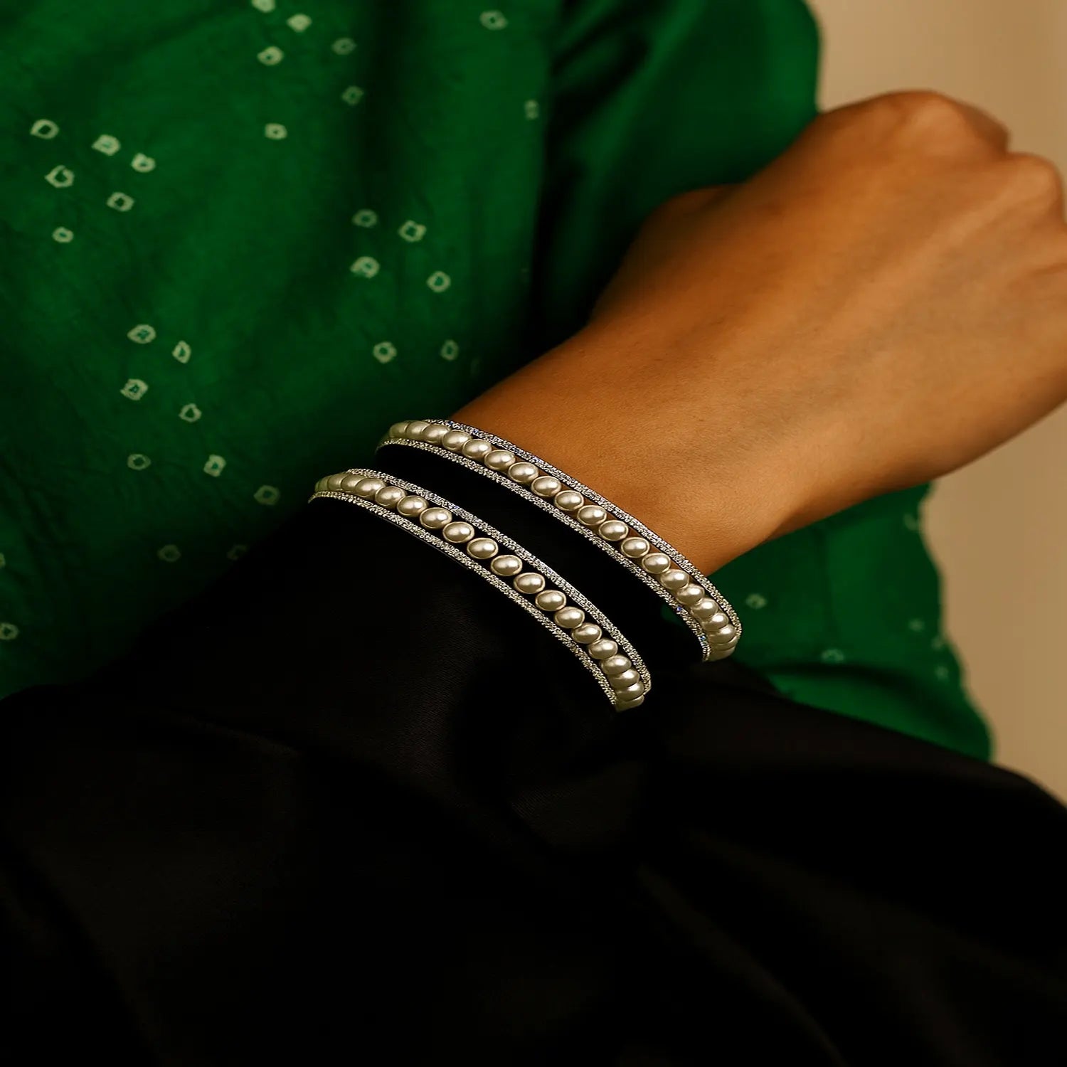 Zevar Club Set of 2 Rhodium-Plated Handcrafted Pearl Beaded & AAA Zirconia Premium Bangles