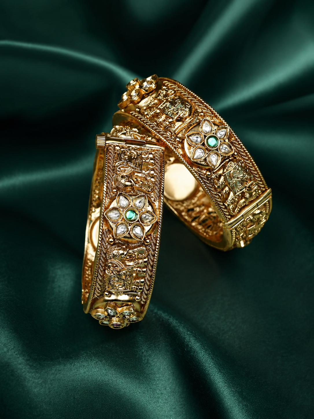 Zevar Club Set of 2 22K Gold-Plated Handcrafted Rajwadi Bangles with Emerald Green Kundan Studded Floral & Elephant Motifs