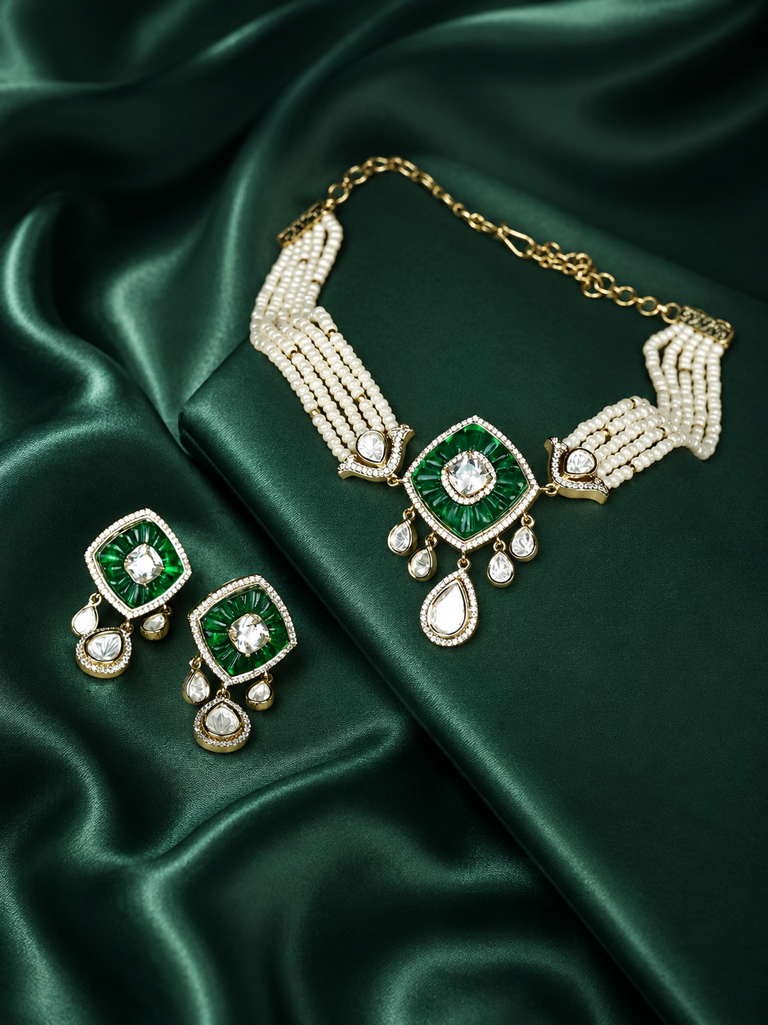 Zevar Club Emerald Green Stone & White Kundan Studded Handcrafted Choker Necklace Set with White Pearl Beaded Strands