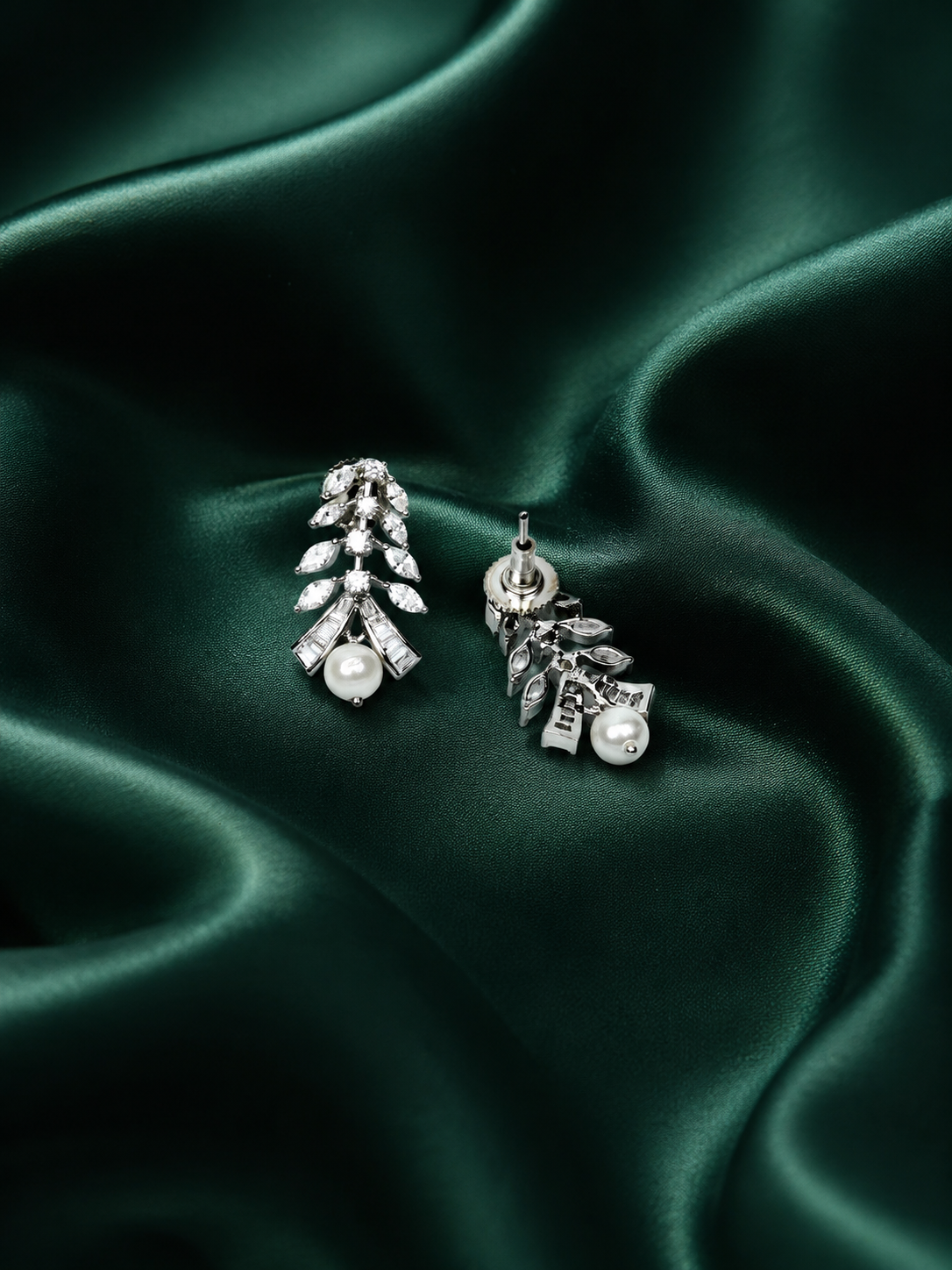 Zevar Club Rhodium-Plated Handcrafted Cubic Zirconia & Pearl Drop Earrings with Leaf Design