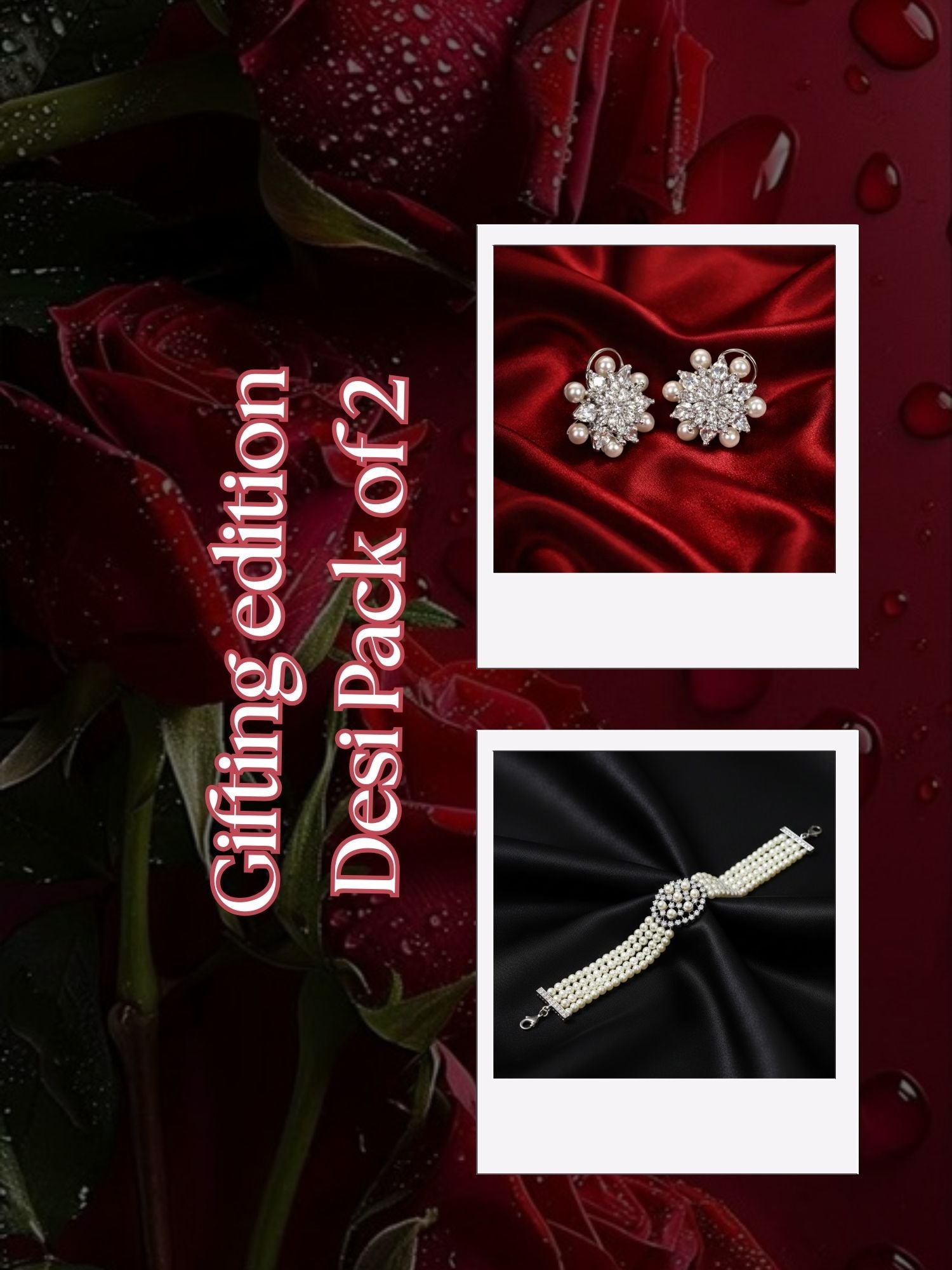 Zevar Club Valentine Gift Edit Floral Cluster Studs & Pearl Bracelet | Pack of 2