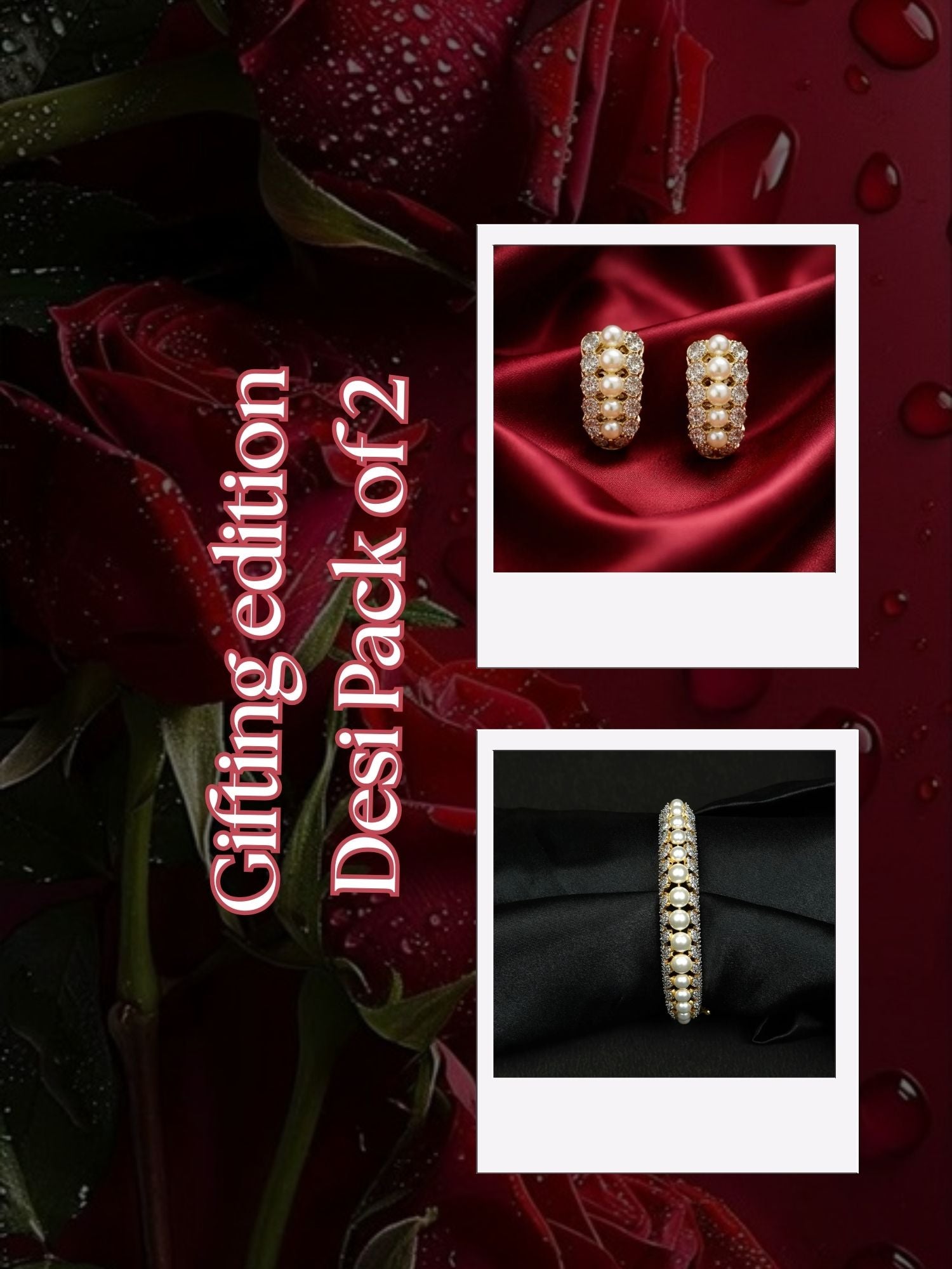 Zevar Club Valentine Gift Edit Pearl & Diamond Finish Stud Earrings and Bracelet | Pack of 2