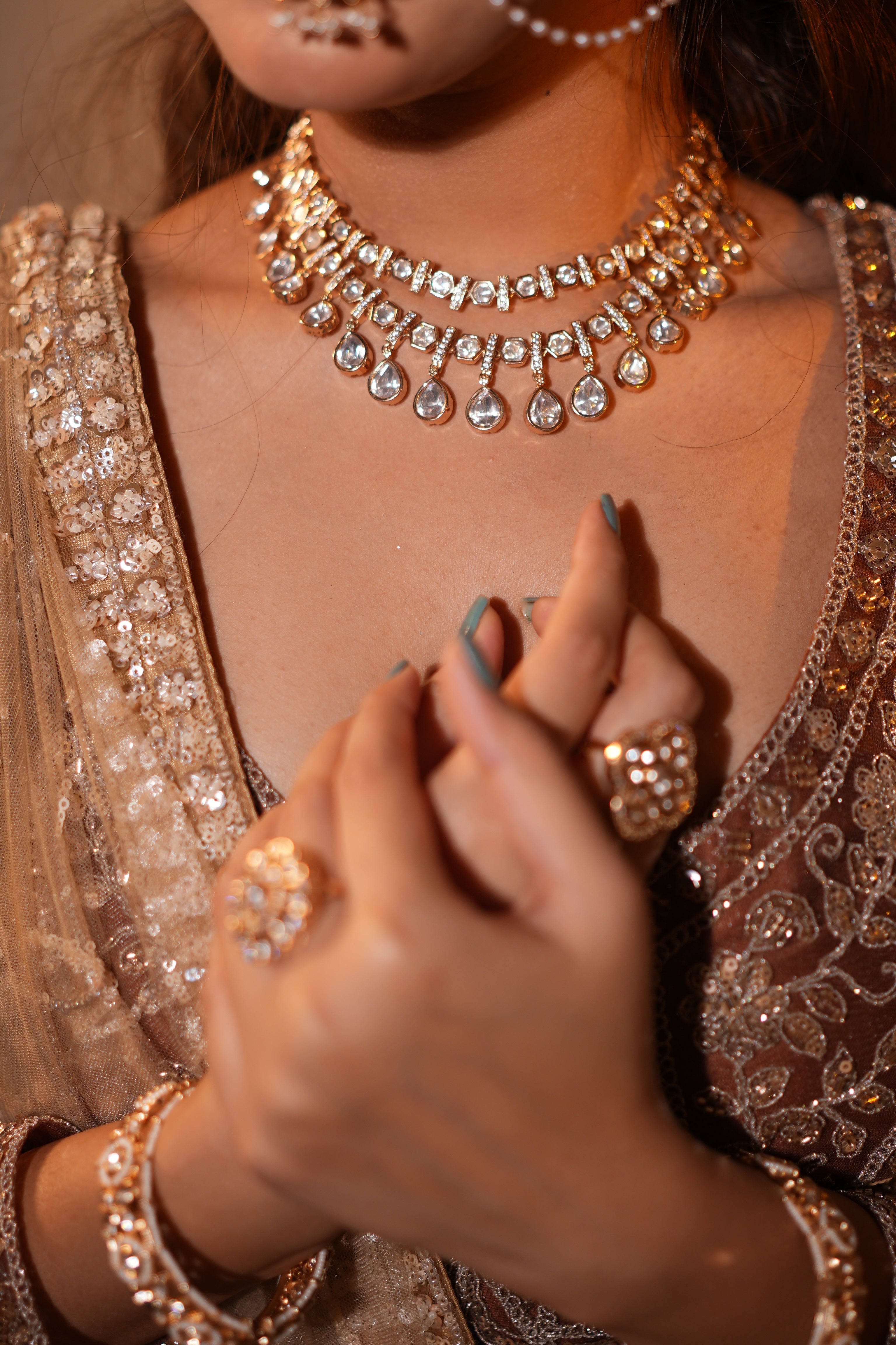 Festive Double Lined Neutral Kundan Studded Set